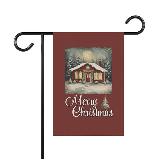 Red Cabin Merry Christmas 2-Sided Garden & House Flag/Banner