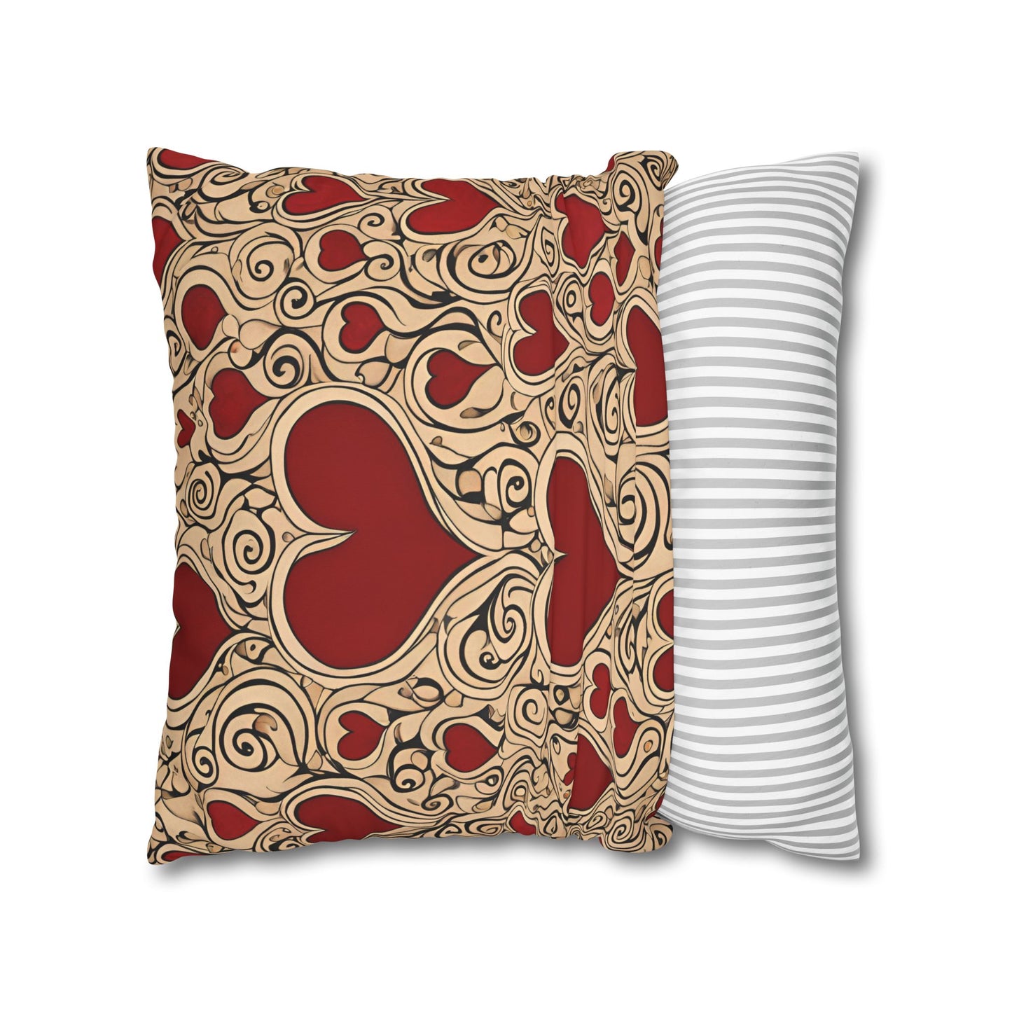 Hearts on Khaki Square Poly Canvas Pillowcase