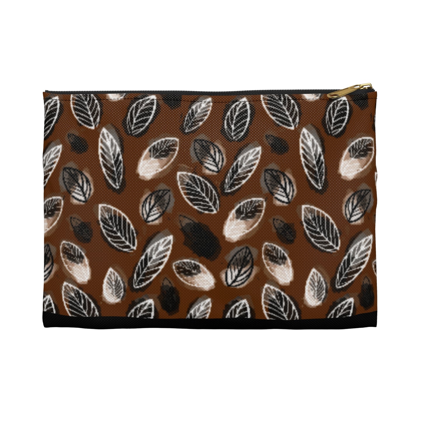 Gertie Black & Cream Abstract Leaves on Brown Journal Pencil  Zipper Flat Bottom Accessory Pouch