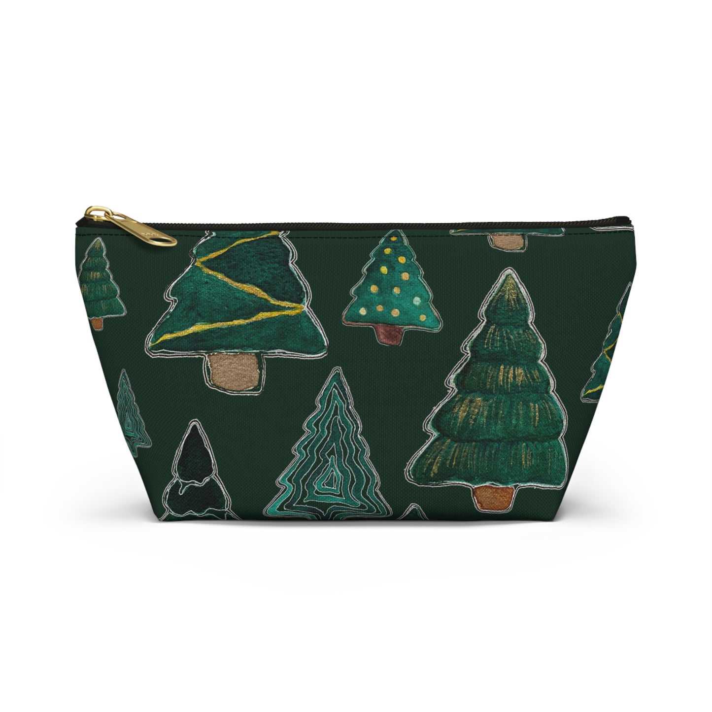 Christmas Tree Cutouts on Green Accessory Pouch w T-bottom