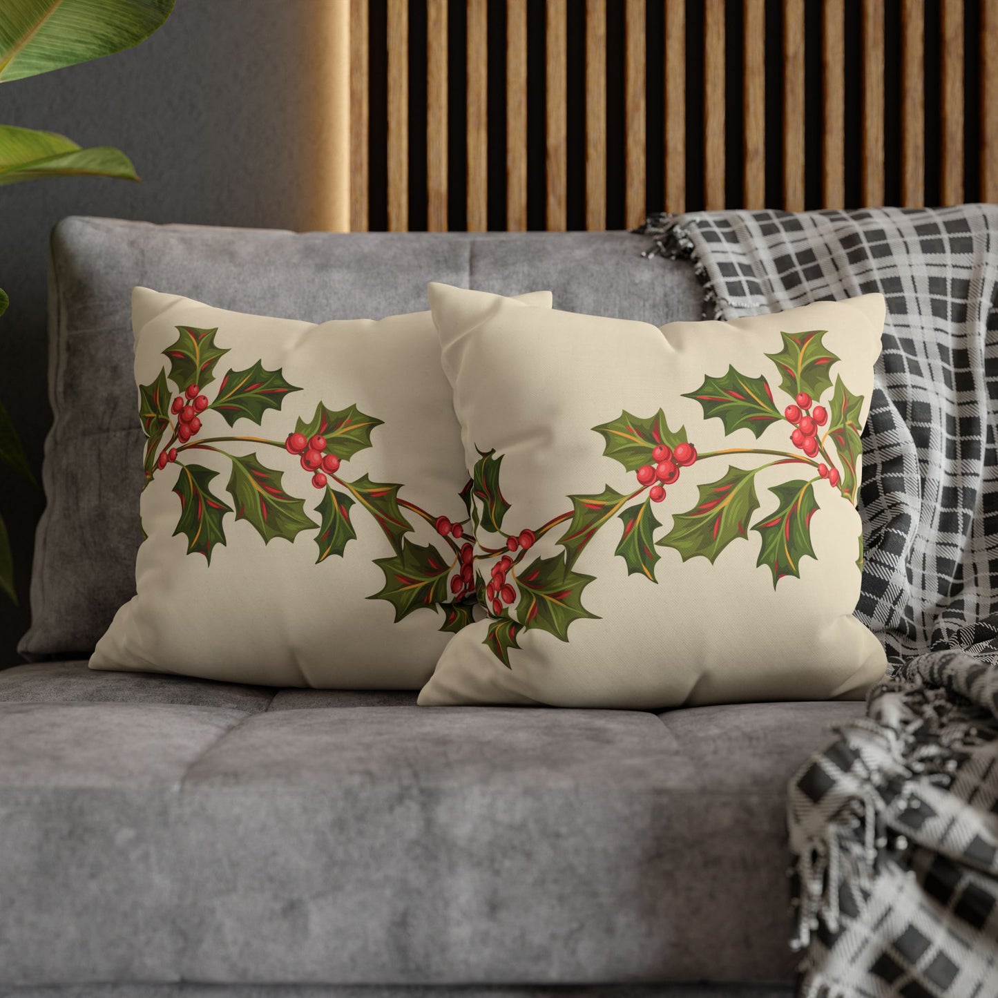 Holly Vine Holiday Square Poly Canvas Pillowcase