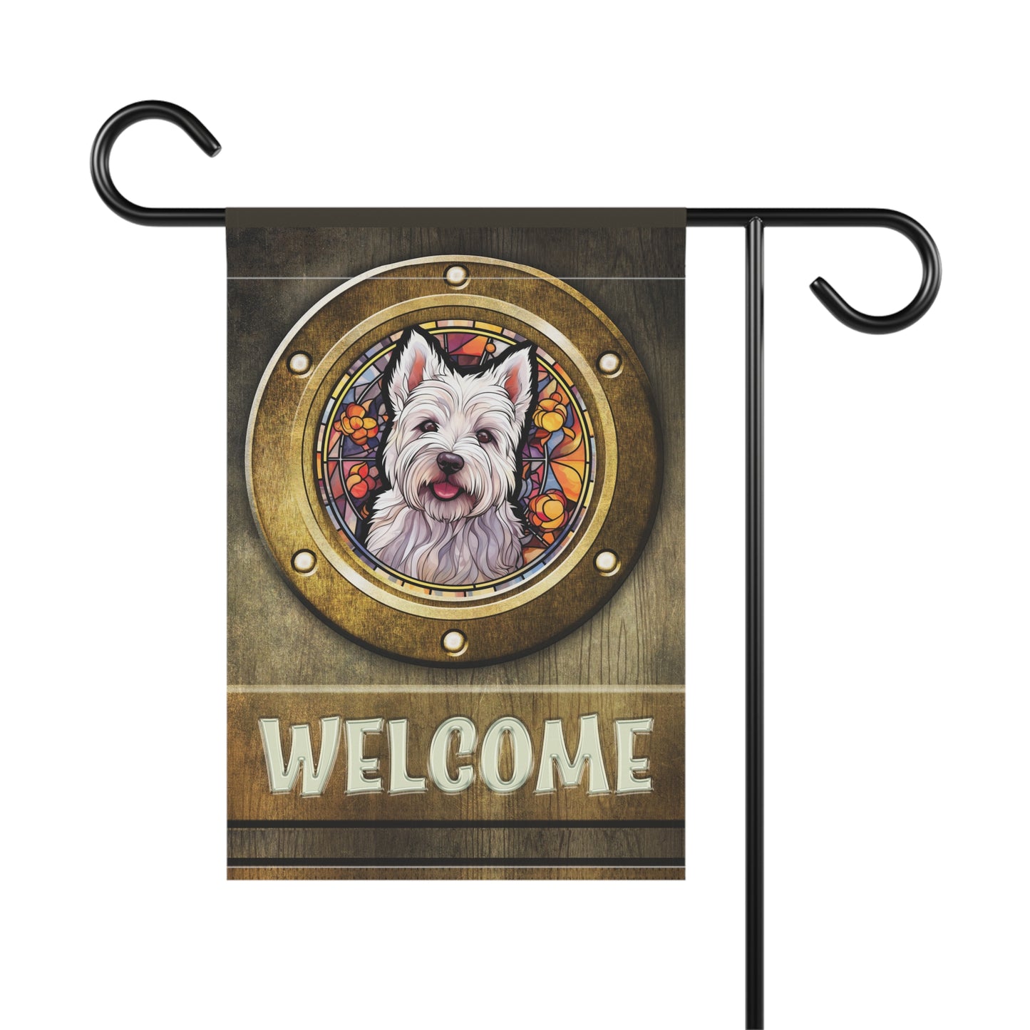 West Highland Terrier in Port Hole Westie Welcome 2-Sided Garden & House Flag/Banner