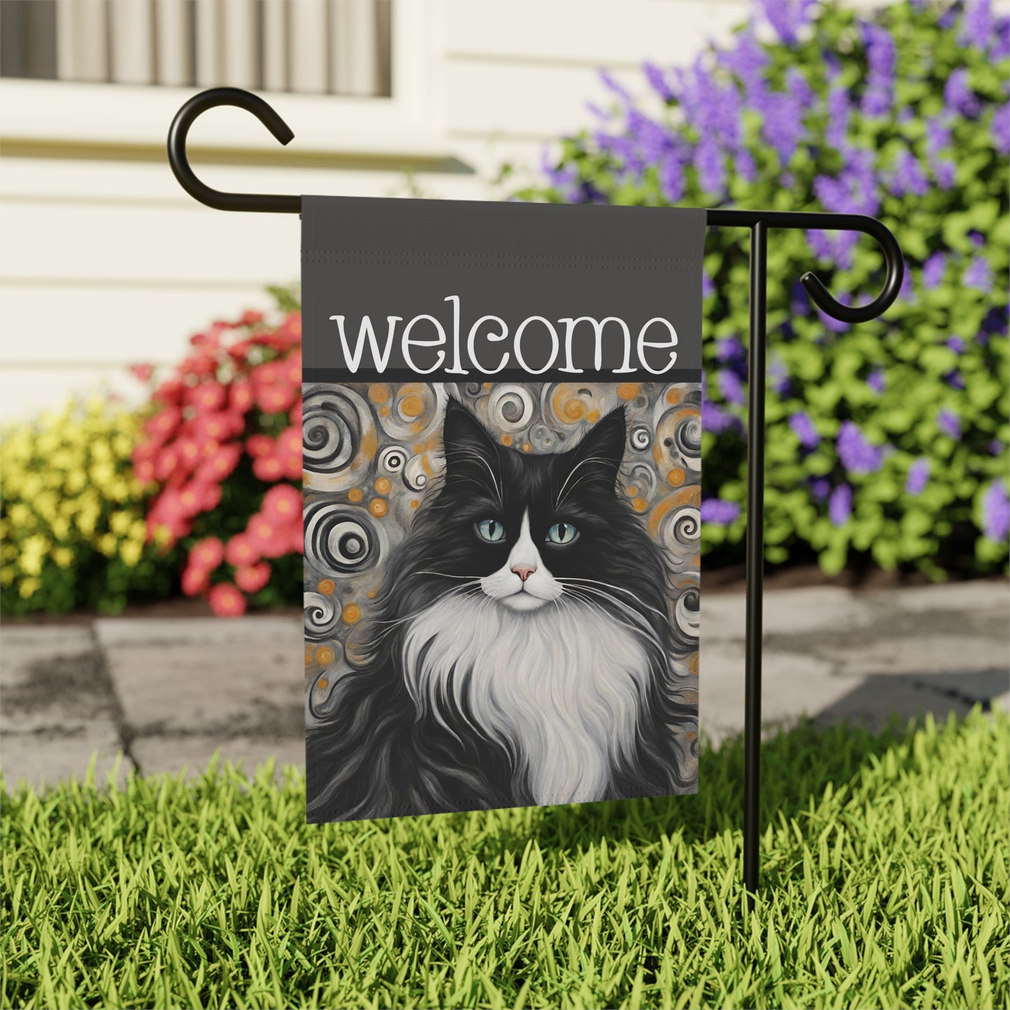 Phyllis Black & White Cat Welcome 2-Sided Garden & House Flag/Banner