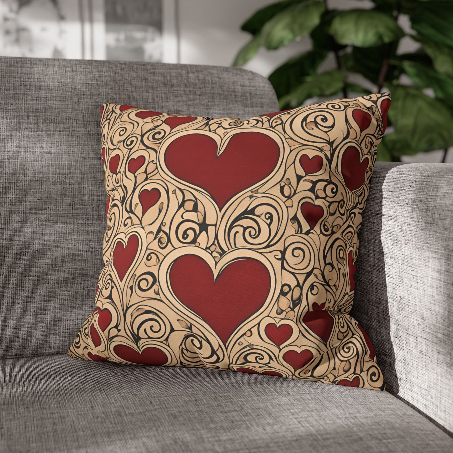 Hearts on Khaki Square Poly Canvas Pillowcase