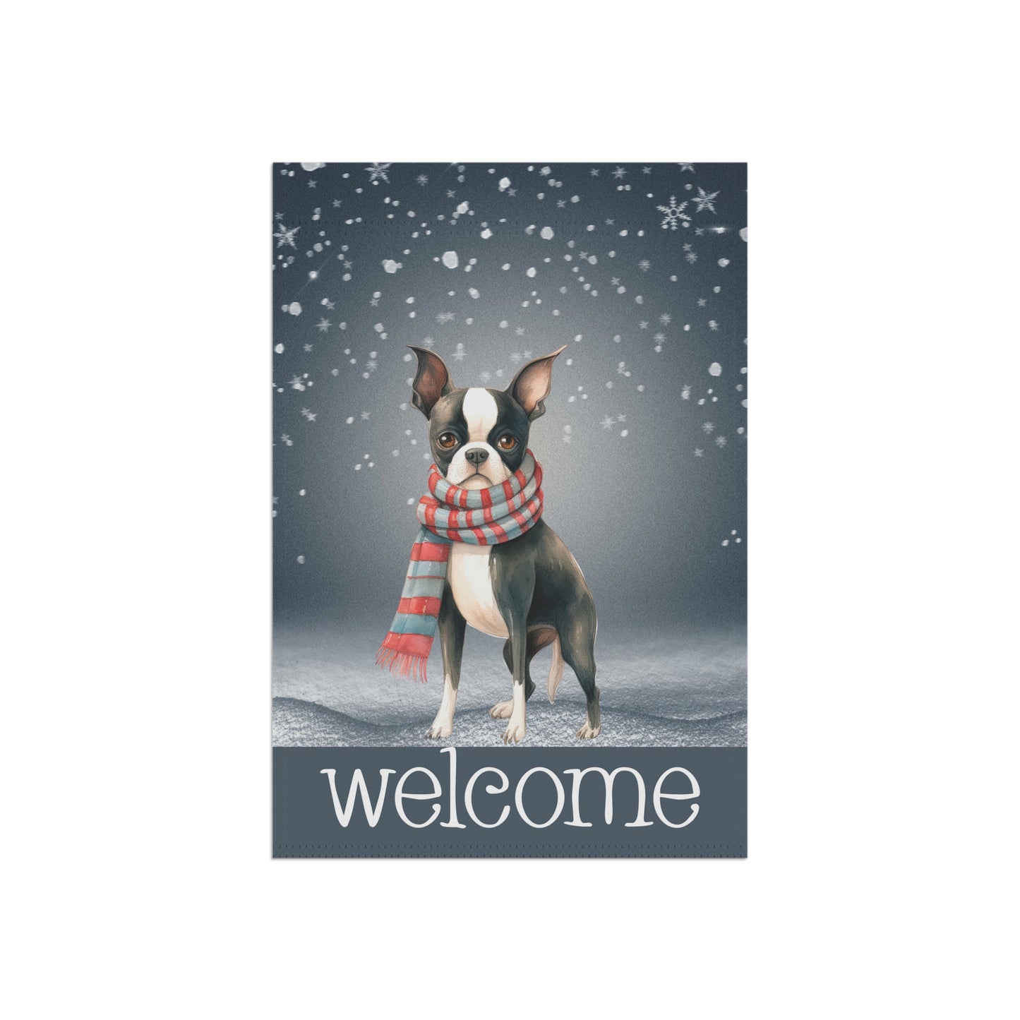 Snowy Welcome Boston Terrier in Scarf 2-Sided Garden & House Flag/Banner