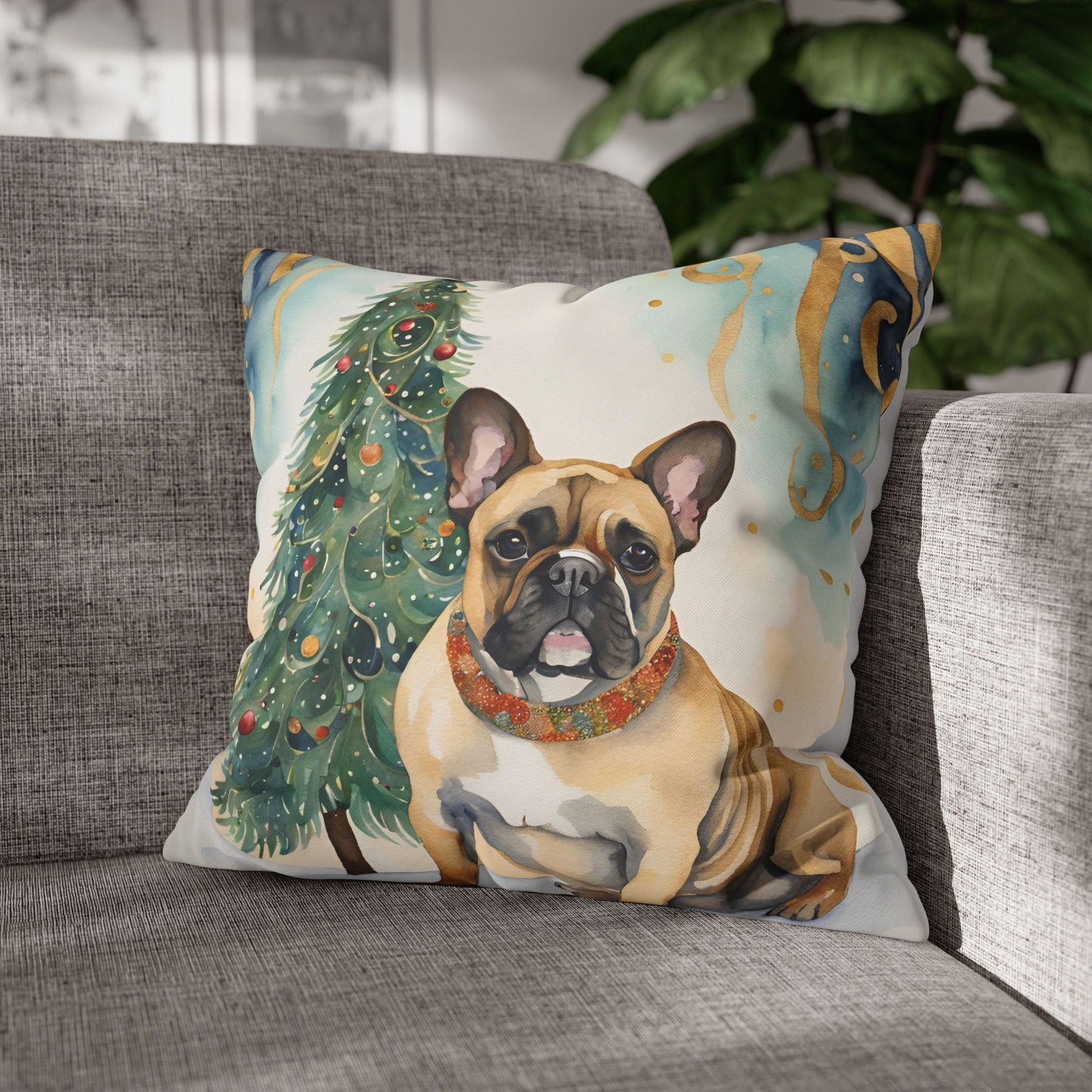 A Frenchie Christmas Square Poly Canvas Pillowcase