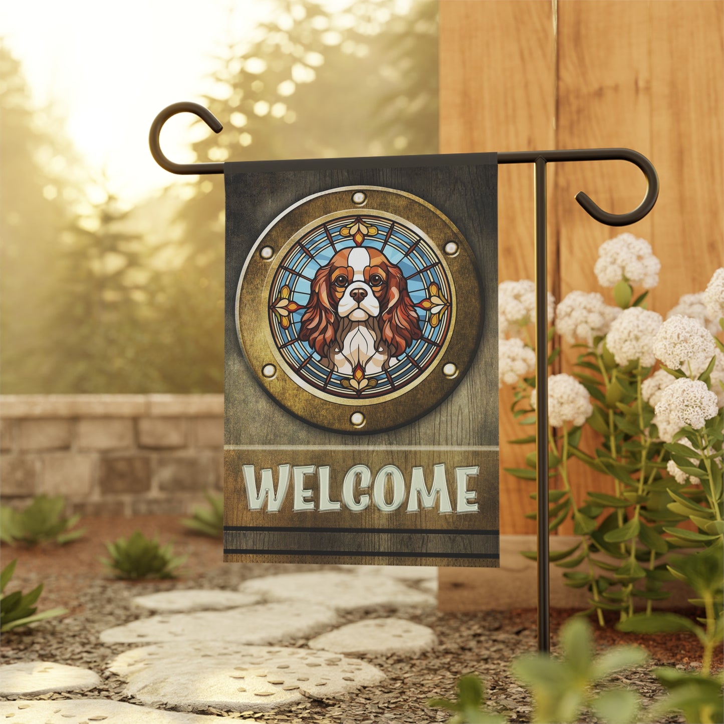 Cavalier King Charles in Port Hole Welcome 2-Sided Garden & House Flag/Banner