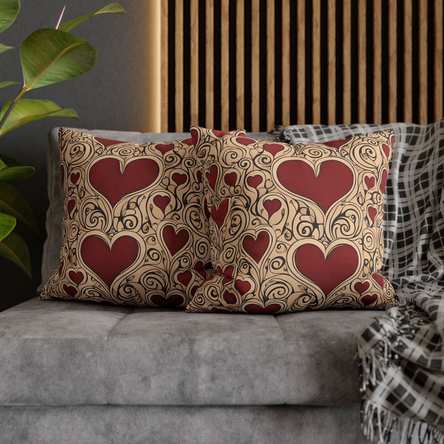 Hearts on Khaki Square Poly Canvas Pillowcase