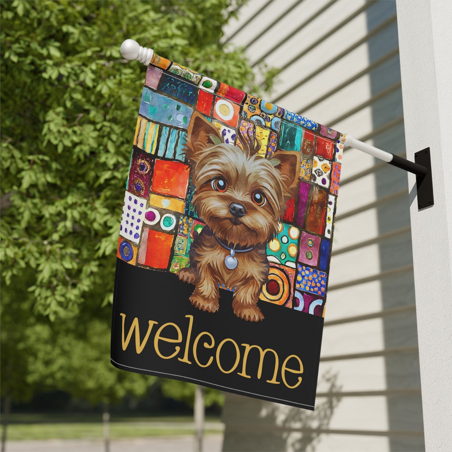 Yorkshire Terrier Patchwork Welcome Yorkie 2-Sided Garden & House Flag/Banner