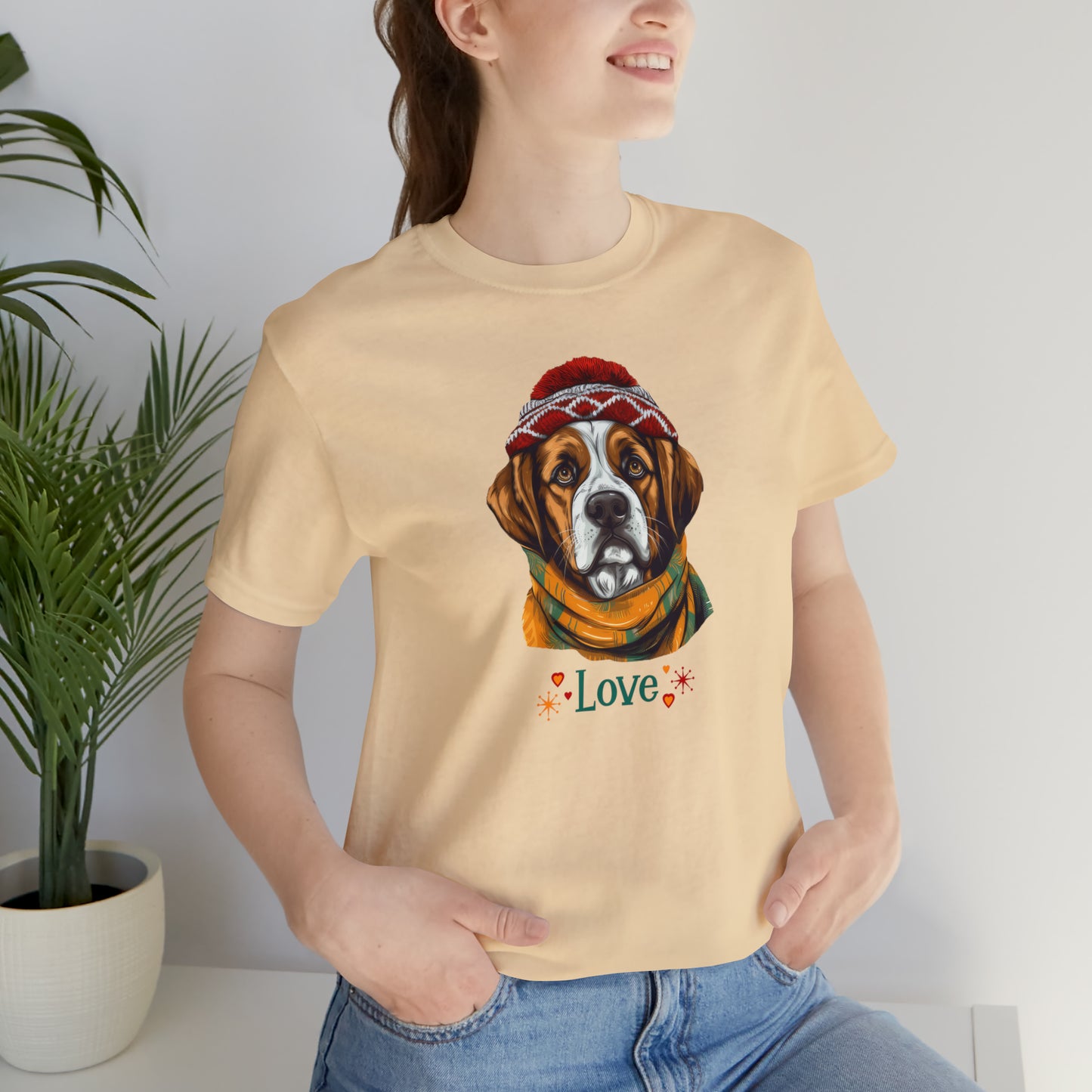 Saint Bernard in Hat & Scarf Love Unisex Jersey Short Sleeve Tee