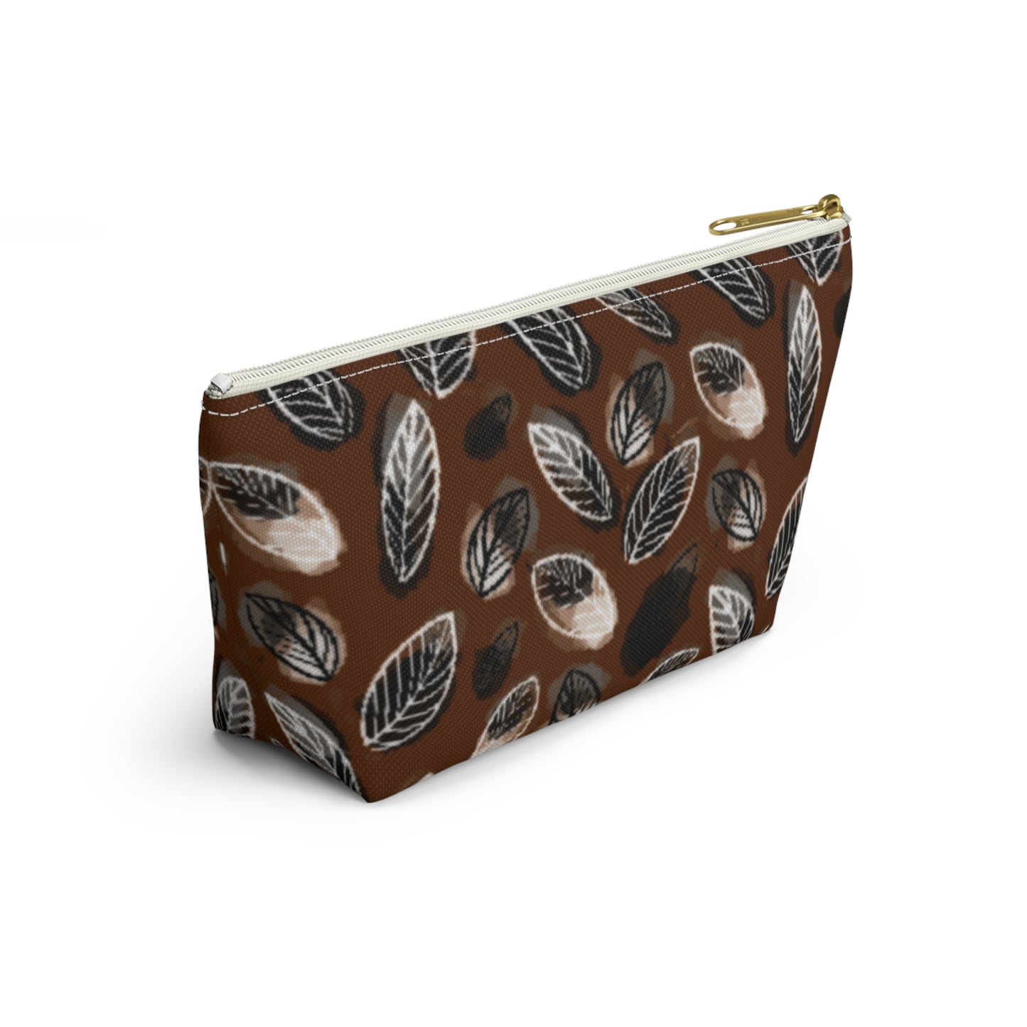 Gertie Black & Cream Abstract Leaves on Brown Makeup Zipper Accessory Pouch w T-bottom