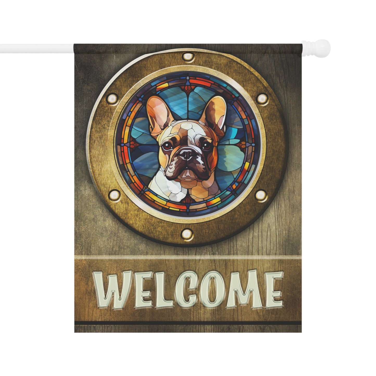 French Bulldog in Port Hole Welcome 2-Sided Garden & House Flag/Banner