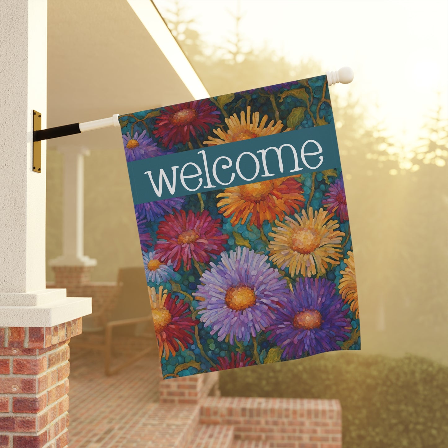 Colorful Asters Welcome 2-Sided Garden & House Flag/Banner