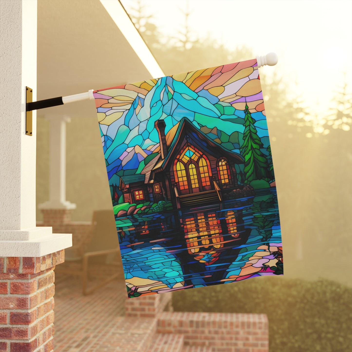 Mountain Cabin Paradise Stained Glass Look 2-Sided Garden & House Flag/Banner