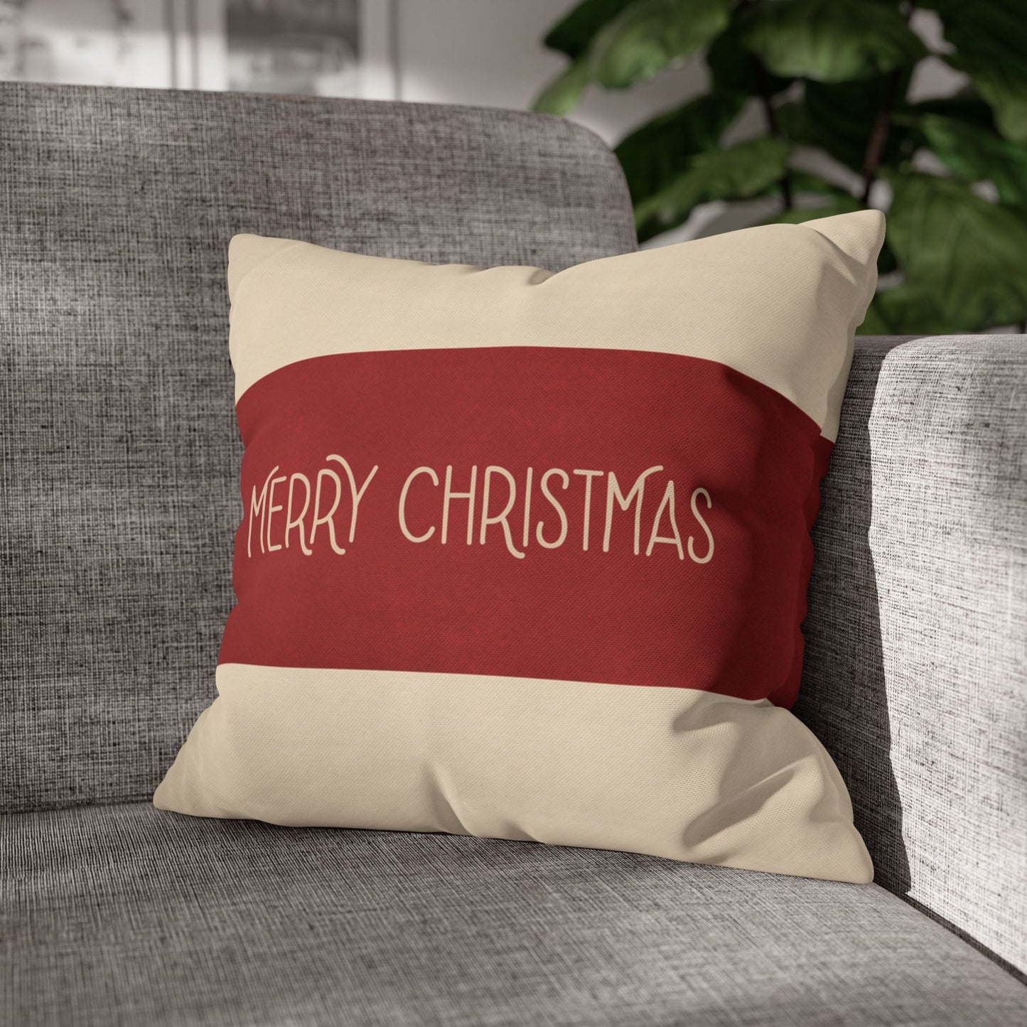 Merry Christmas Red & Cream Square Poly Canvas Pillowcase