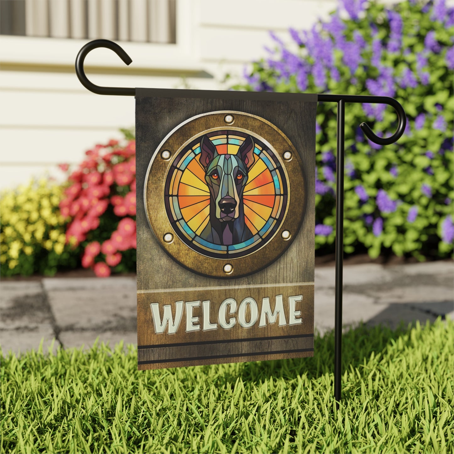 Great Dane in Port Hole Welcome 2-Sided Garden & House Flag/Banner