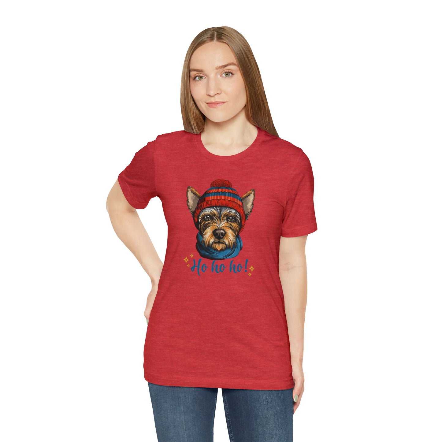 Scottish Terrier in Hat & Scarf Ho Ho Ho Unisex Jersey Short Sleeve Tee