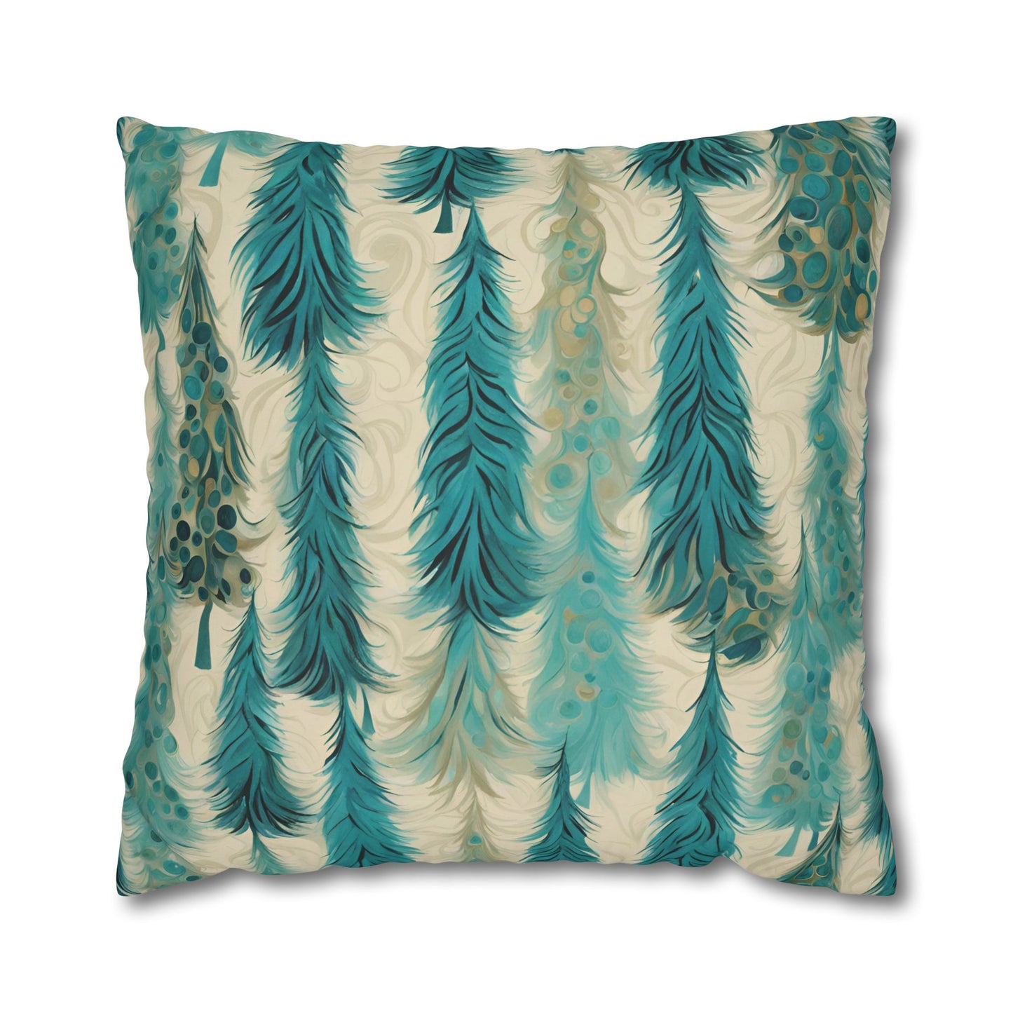 Teal Christmas Trees Square Poly Canvas Pillowcase