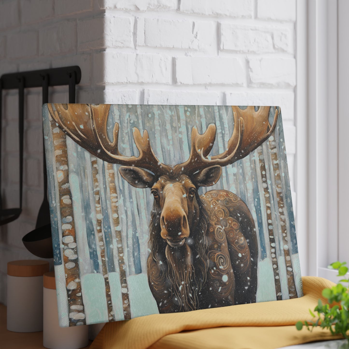 Mountain Forest Snowy Moose Tempered Glass Cutting Board