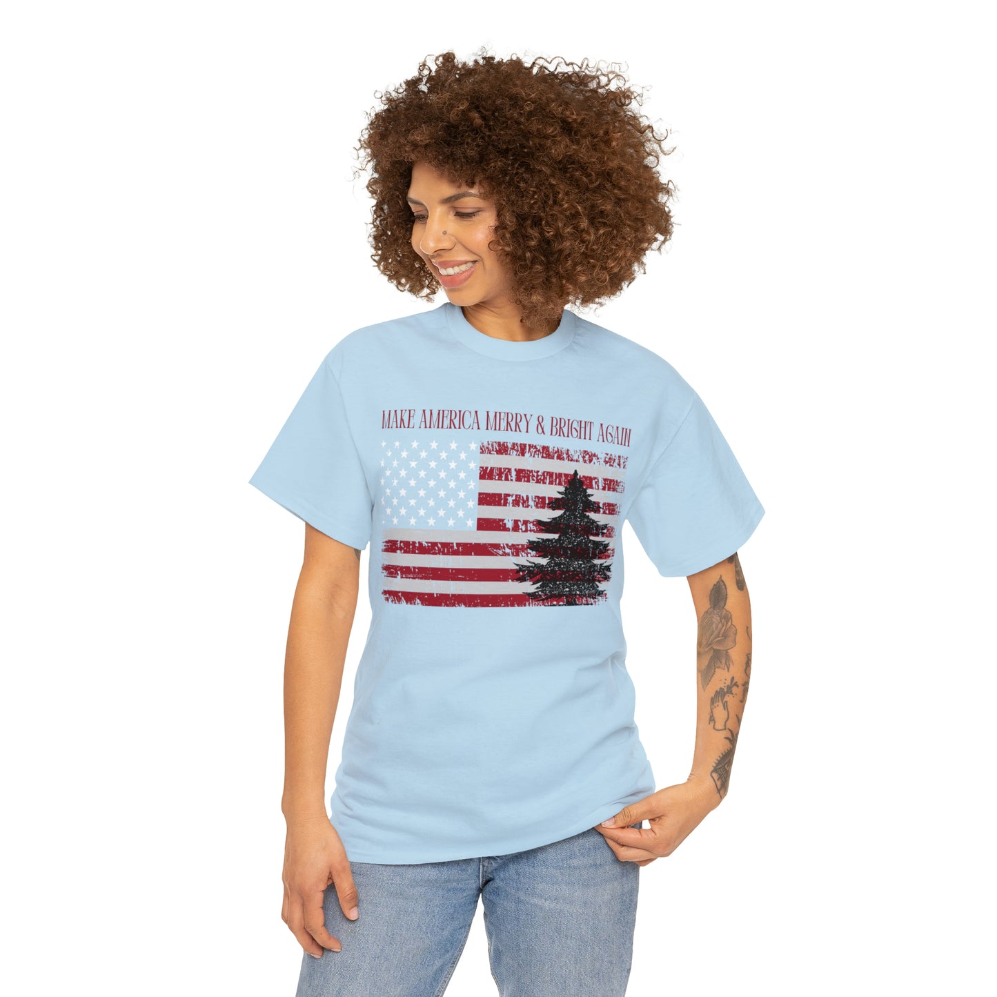 American Flag Make America Merry & Bright Again Unisex Heavy Cotton Tee