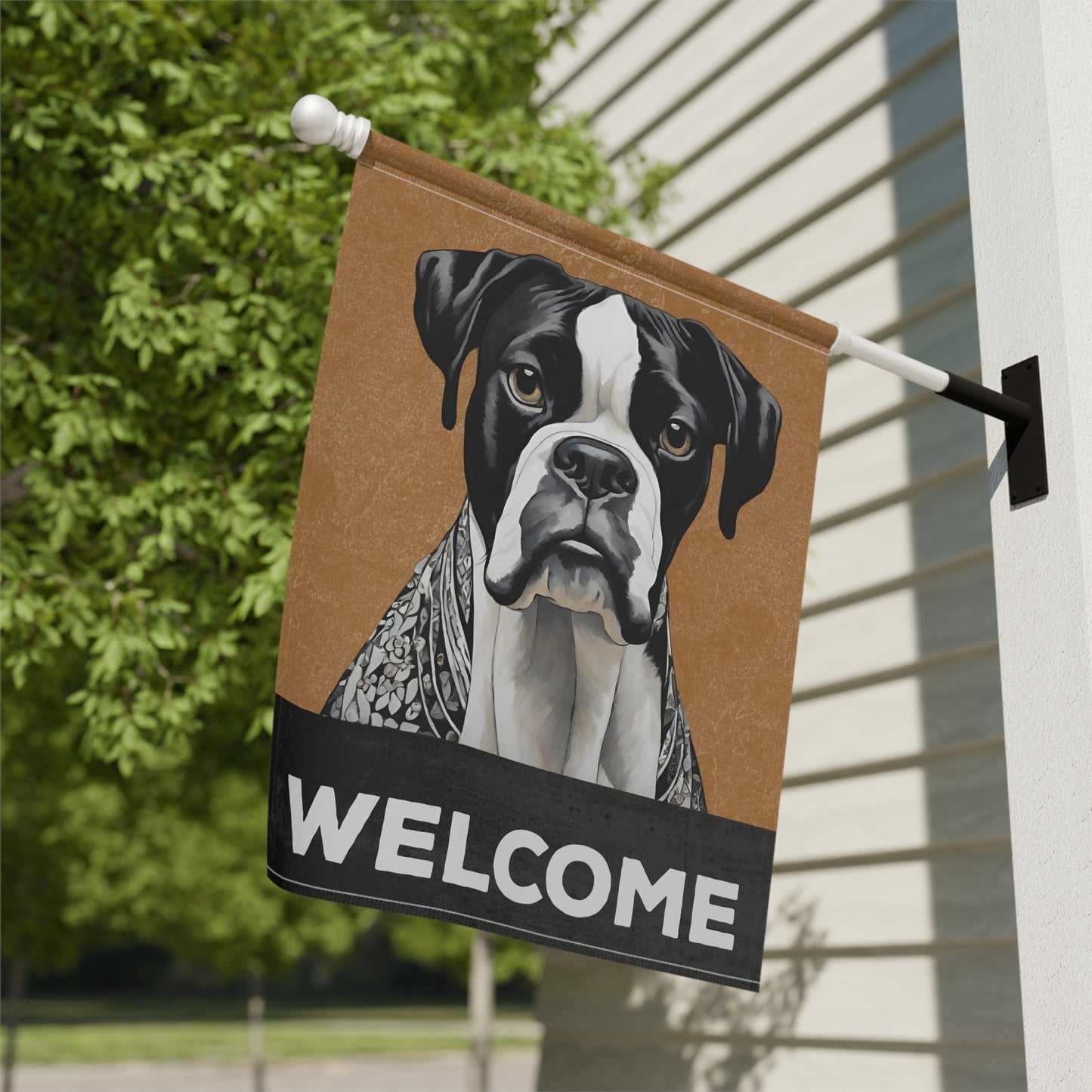 Boxer (Black & White) Welcome 2-Sided Garden & House Flag/Banner