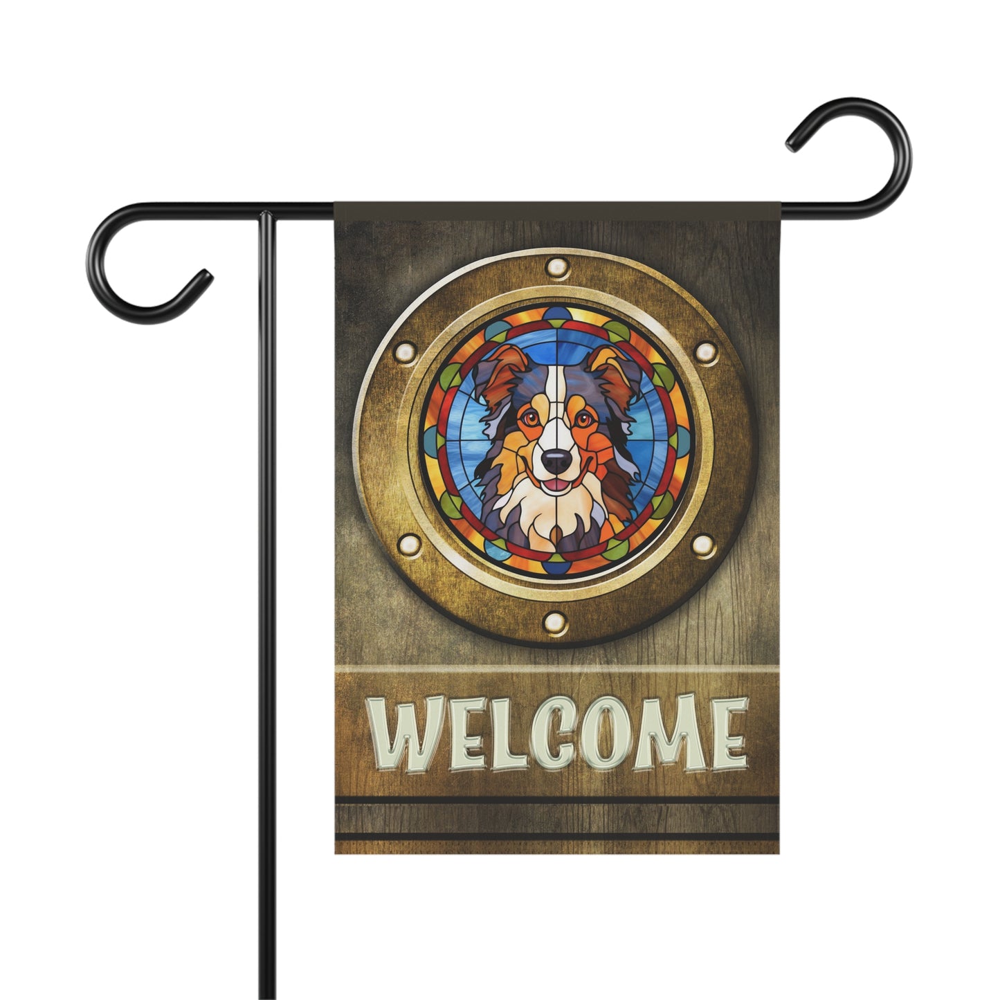 Australian Shepherd in Port Hole Welcome 2-Sided Garden & House Flag/Banner