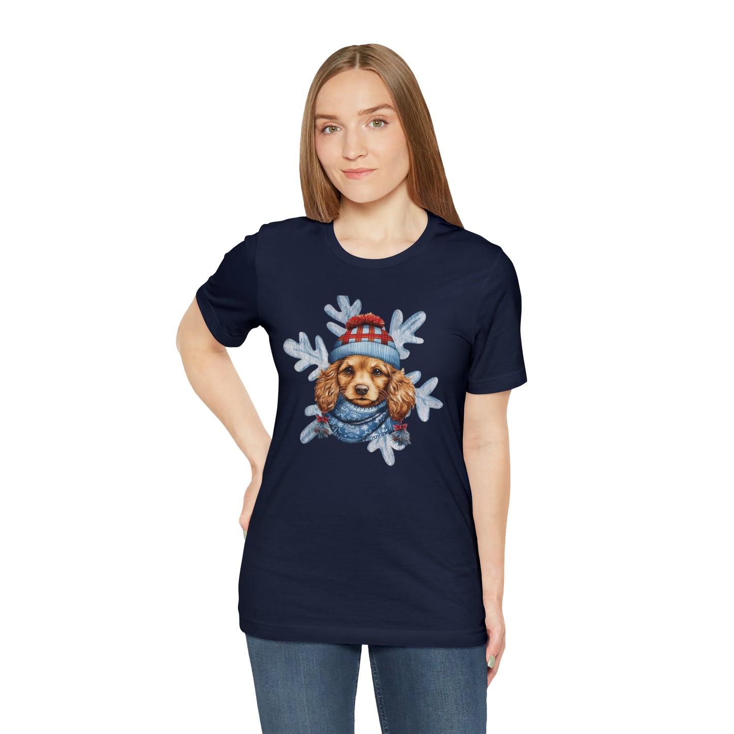 Snow Dog Cute Christmas Dog in Hat & Scarf Unisex Jersey Short Sleeve Tee