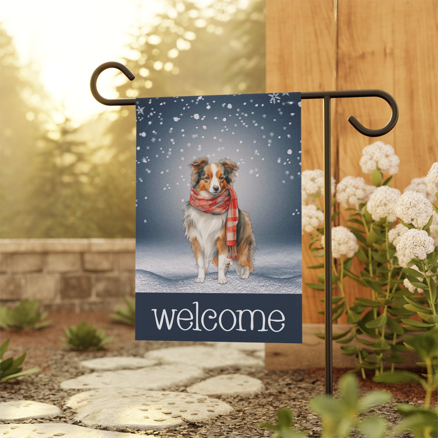 Snowy Welcome Collie in Scarf 2-Sided Garden & House Flag/Banner