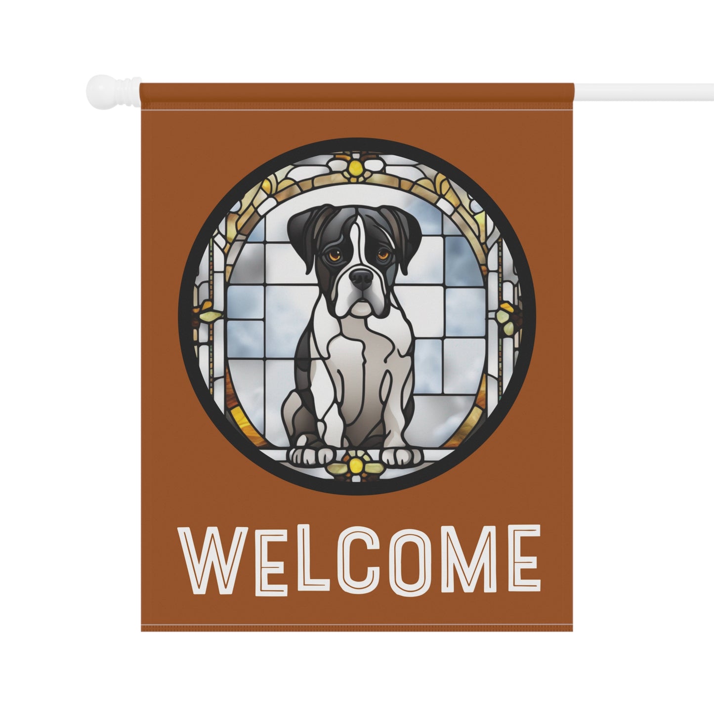 Black & White Boxer Sitting Welcome Stained Glass Look 2-Sided Garden & House Flag/Banner