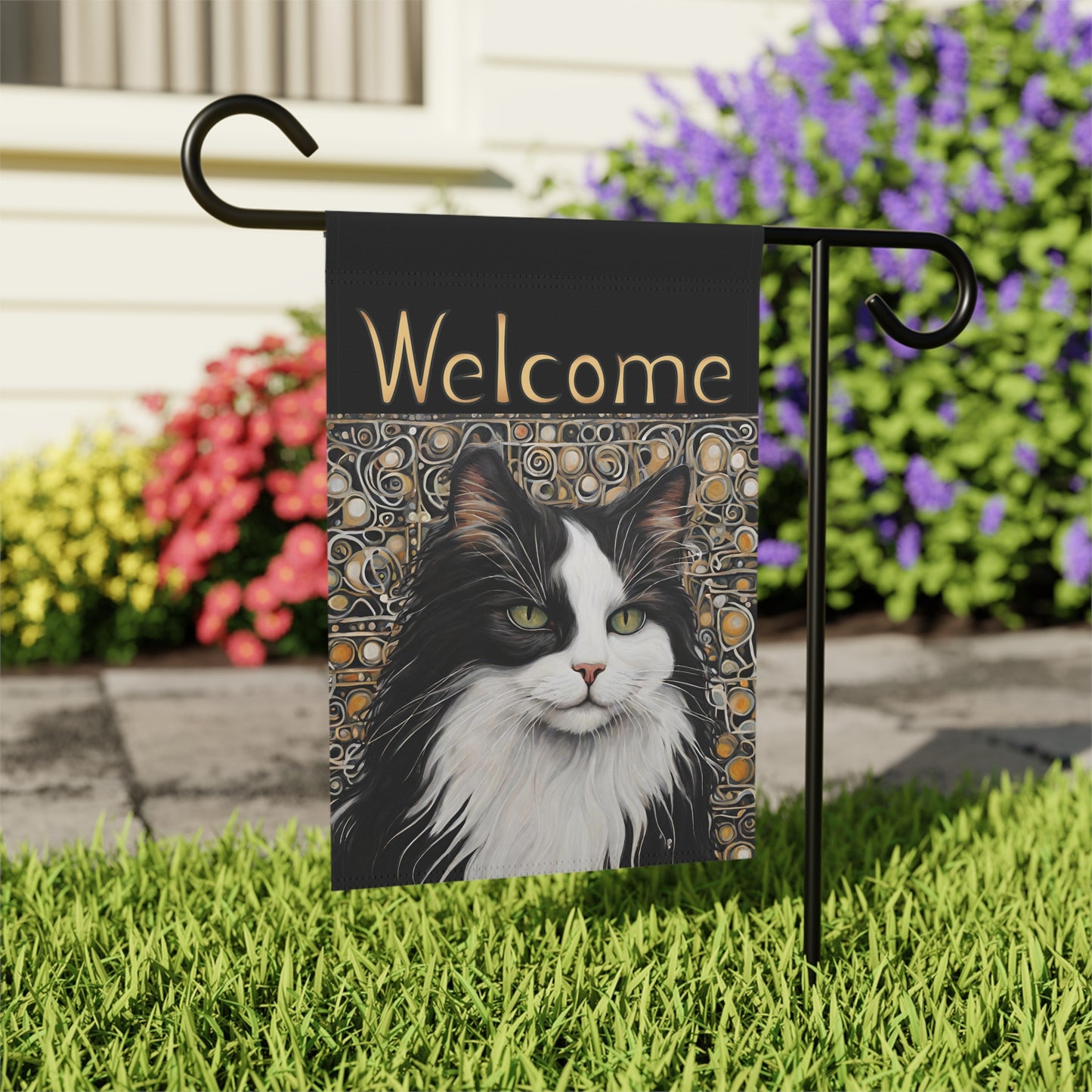 Black & White Cat Welcome 2-Sided Garden & House Flag/Banner