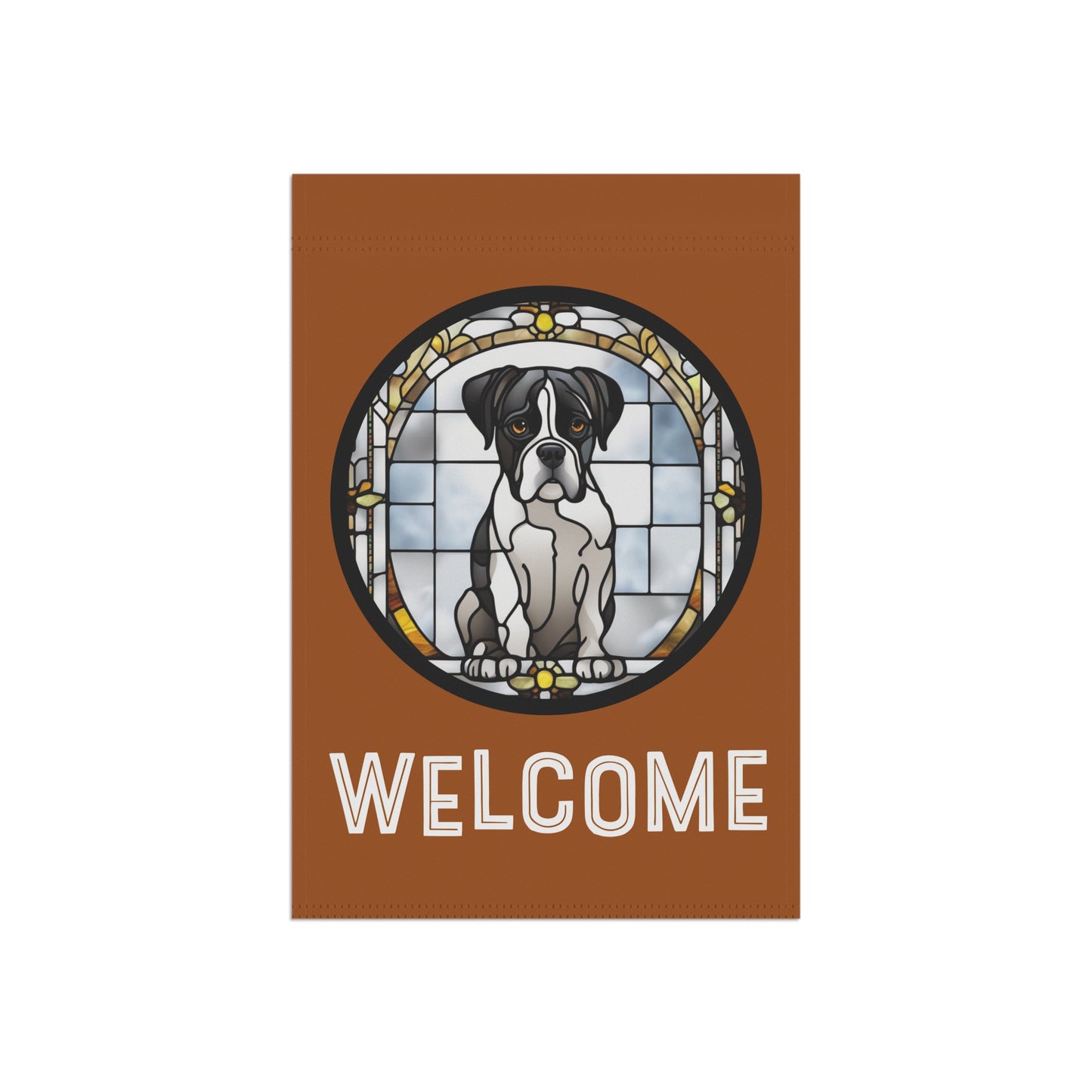 Black & White Boxer Sitting Welcome Stained Glass Look 2-Sided Garden & House Flag/Banner