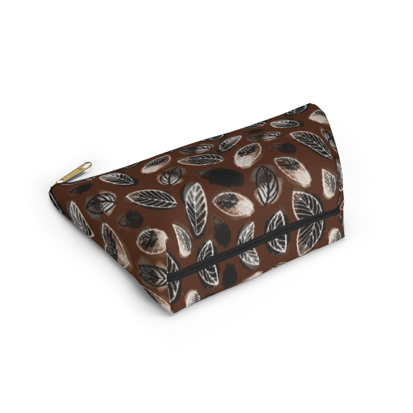 Gertie Black & Cream Abstract Leaves on Brown Makeup Zipper Accessory Pouch w T-bottom