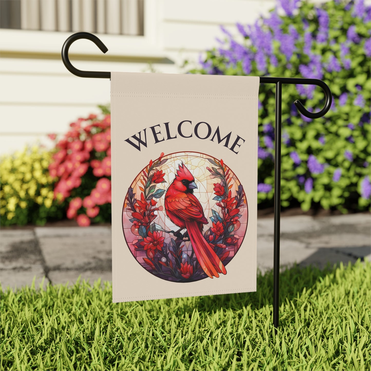 Stained Glass Cardinal 4 Welcome 2-Sided Garden & House Banner