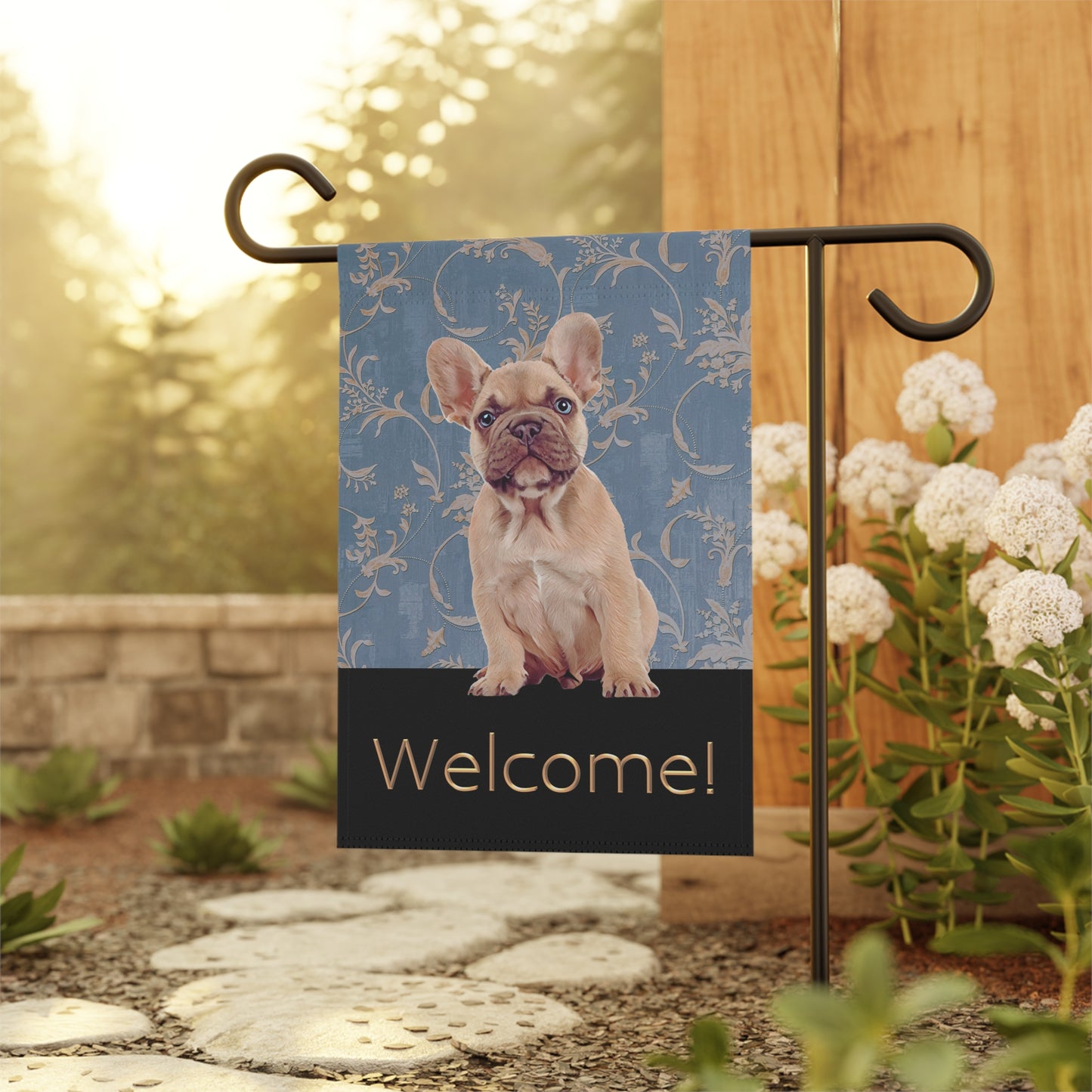 French Bulldog on Blue Welcome 2-Sided Garden & House Flag/Banner