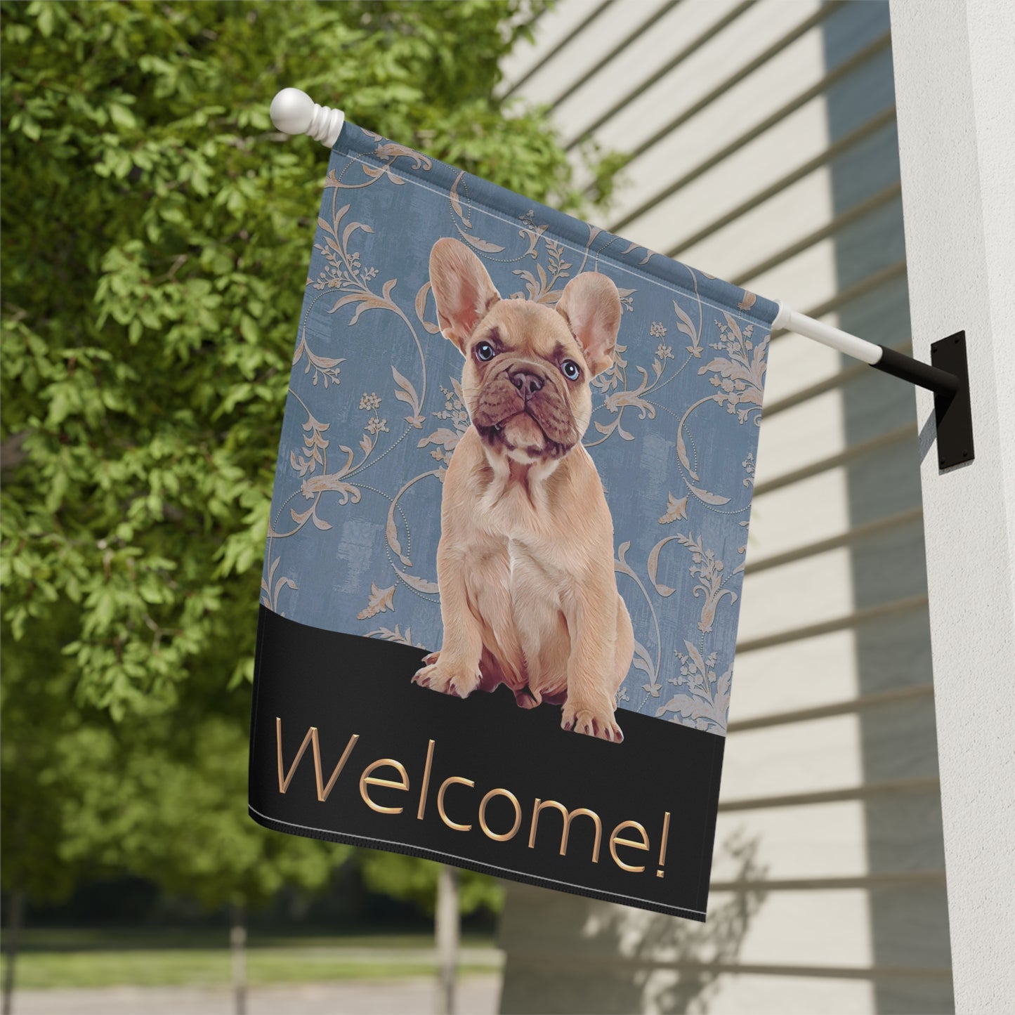 French Bulldog on Blue Welcome 2-Sided Garden & House Flag/Banner