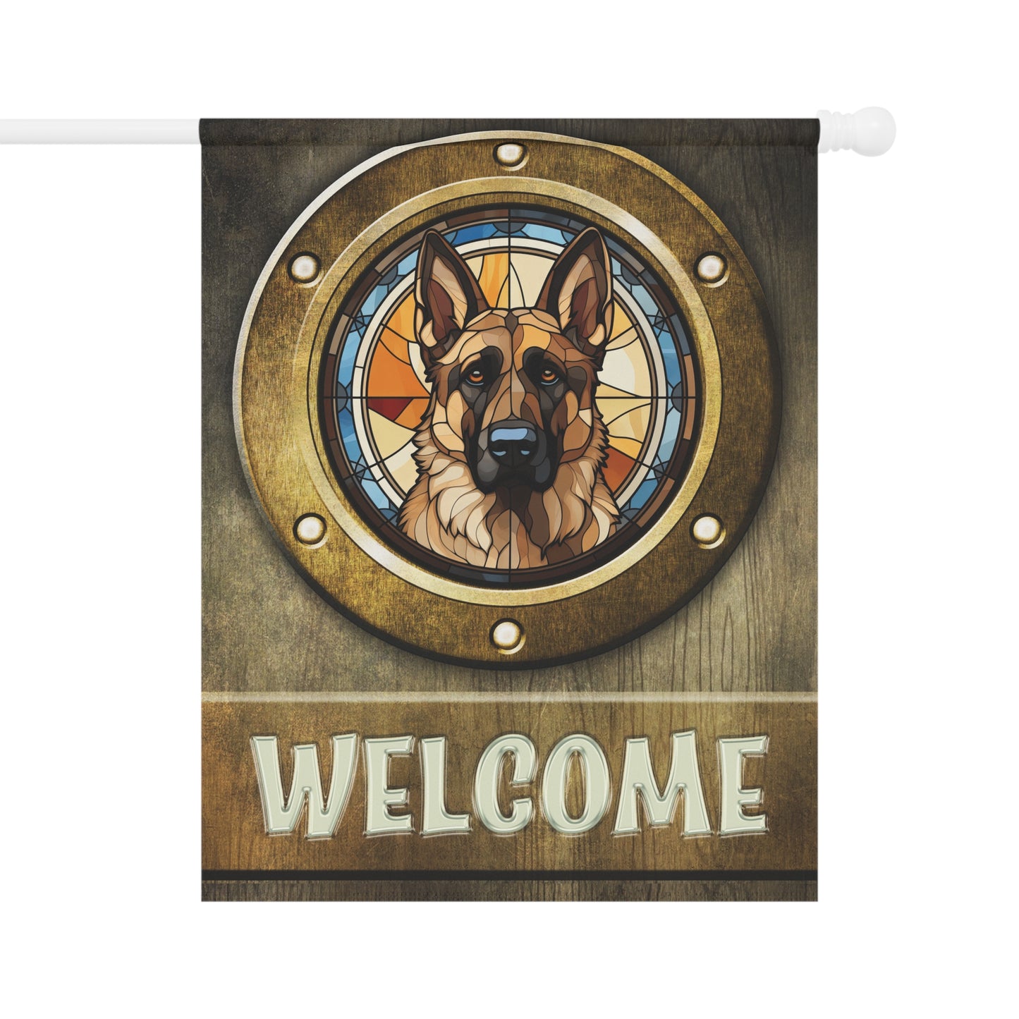 German Shepherd in Port Hole Welcome 2-Sided Garden & House Flag/Banner