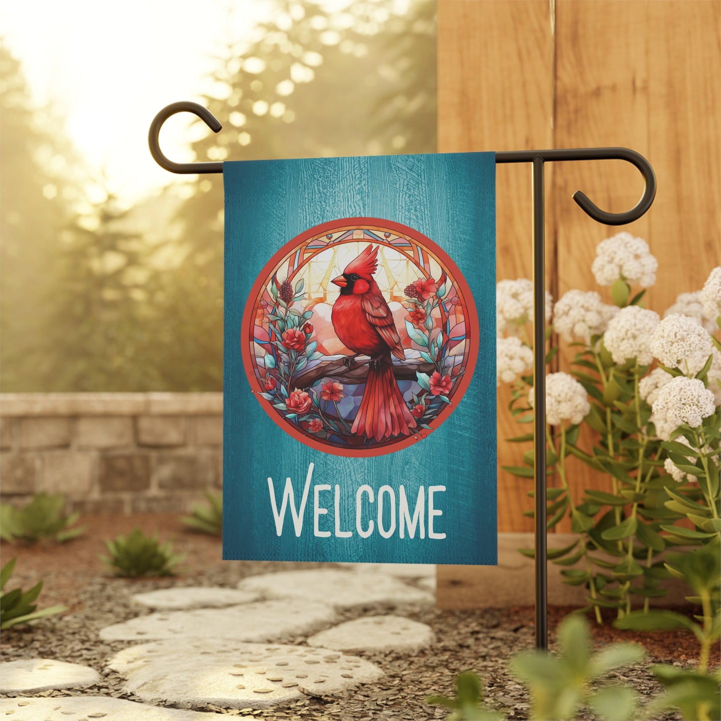 Stained Glass Cardinal 5 Welcome 2-Sided Garden & House Banner