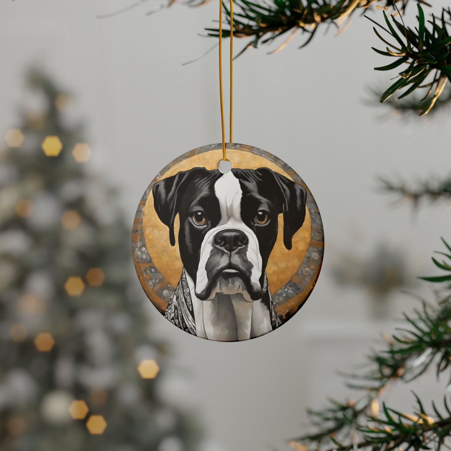 Boxer (Black & White) 3" Ceramic Ornaments, 2-Side Print, (1pc, 10pcs)