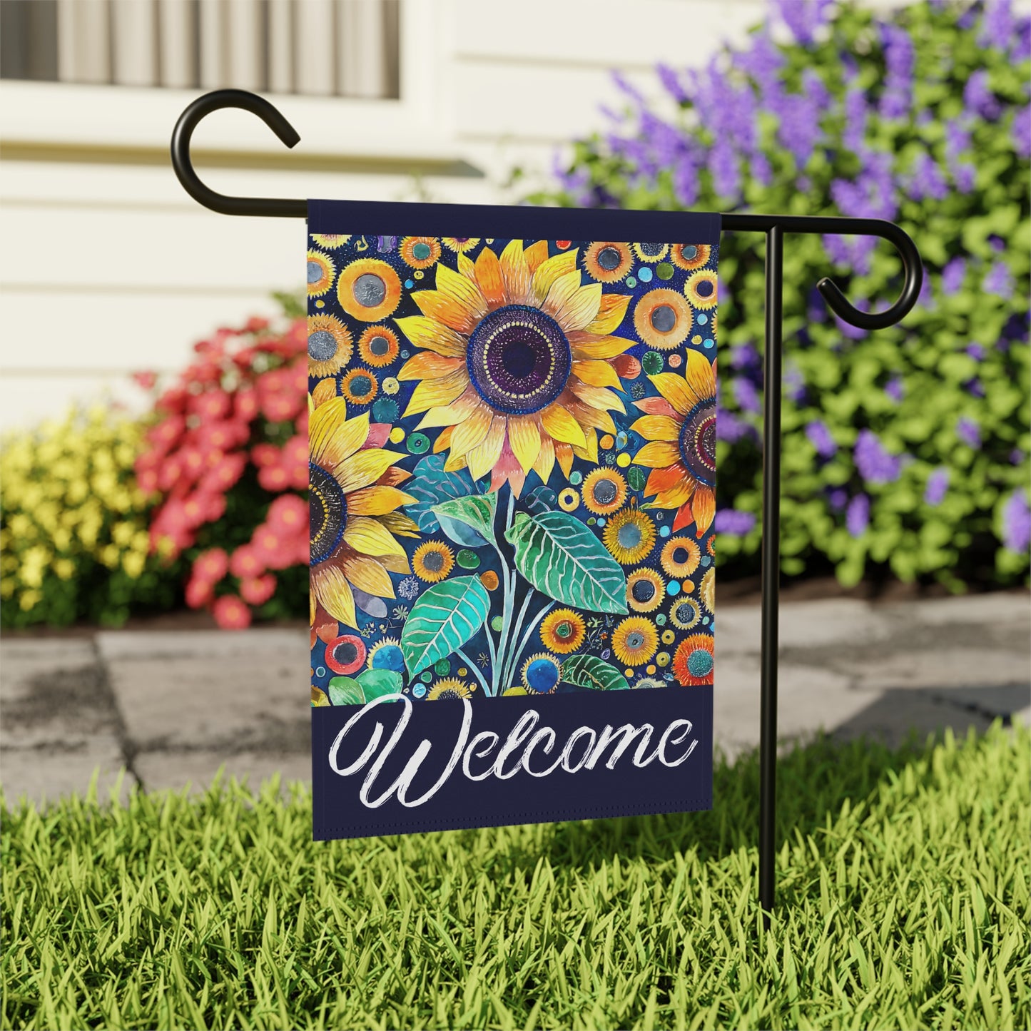 Funky Bright Sunflowers Welcome 2-Sided Garden & House Flag/Banner