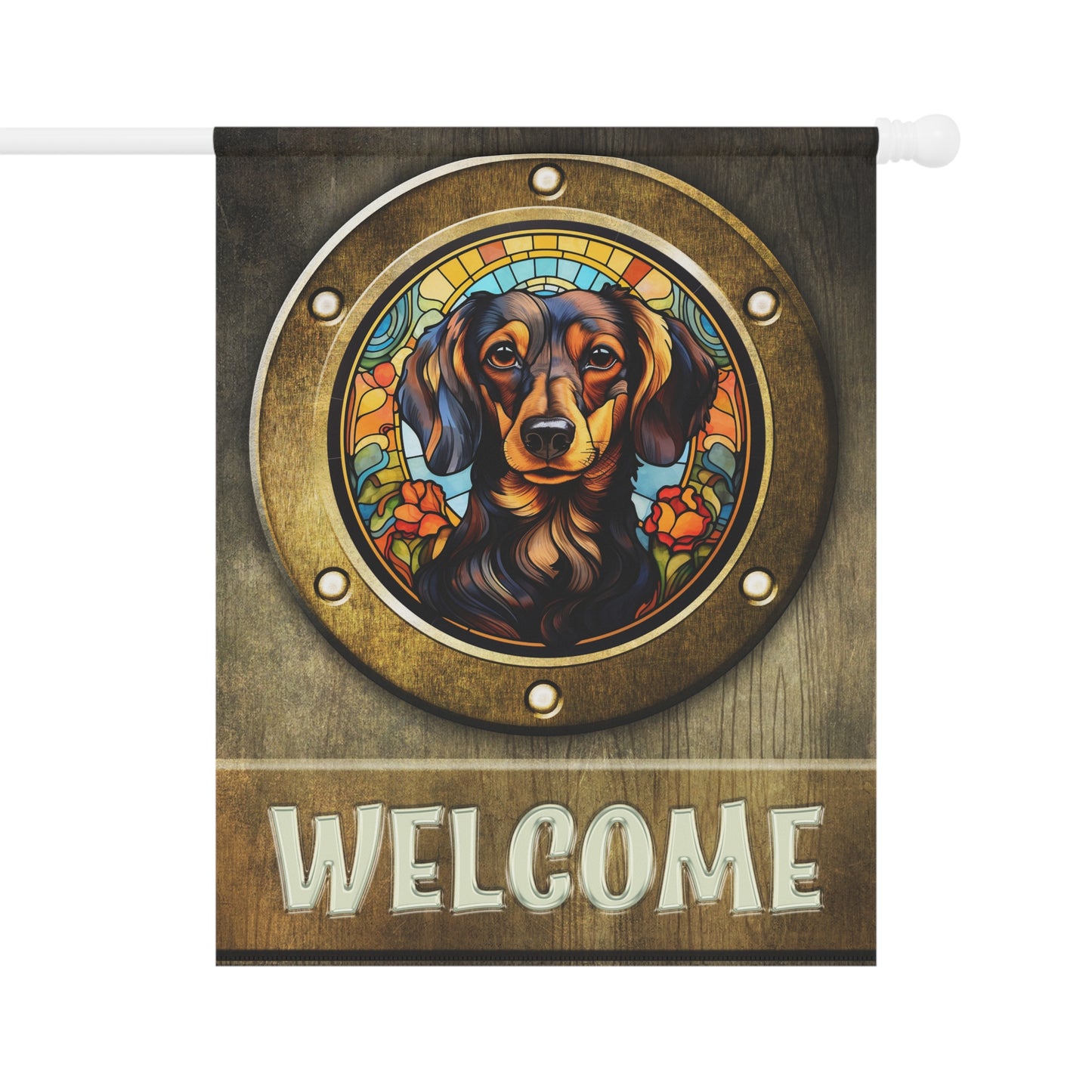 Dachshund in Port Hole Welcome 2-Sided Garden & House Flag/Banner