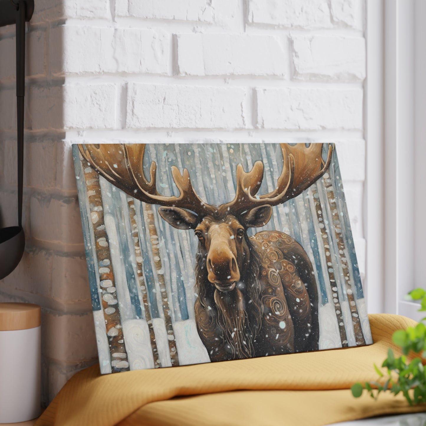 Mountain Forest Snowy Moose Tempered Glass Cutting Board