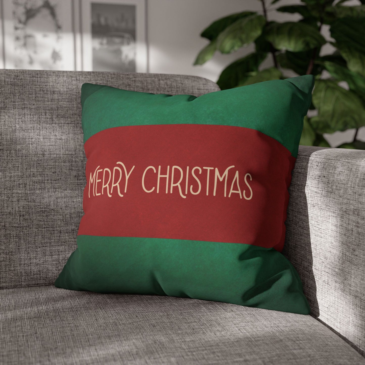 Merry Christmas Red & Green Square Poly Canvas Pillowcase