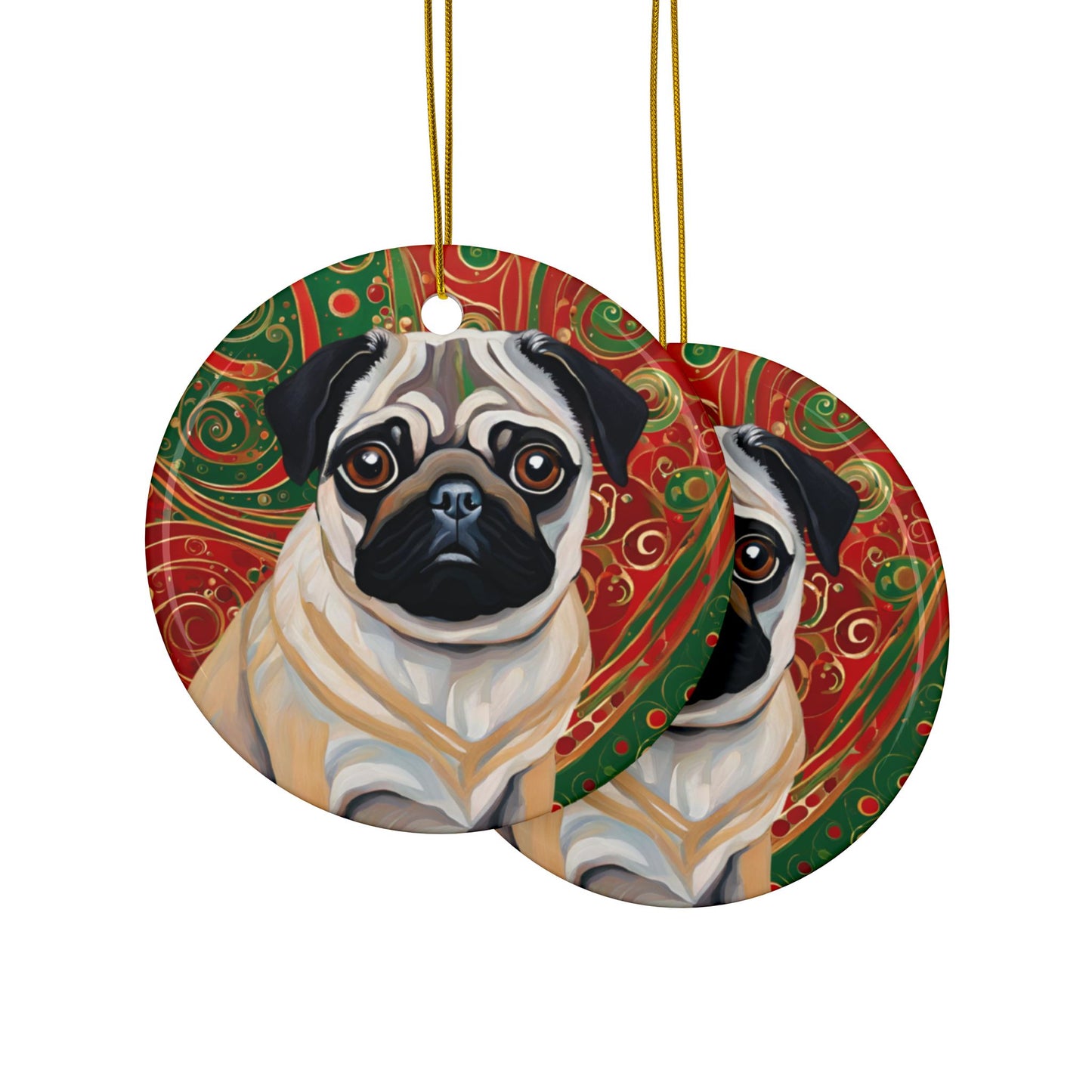 Pug Christmas 3" Ceramic Ornaments, 2-Side Print, (1pc, 10pcs)