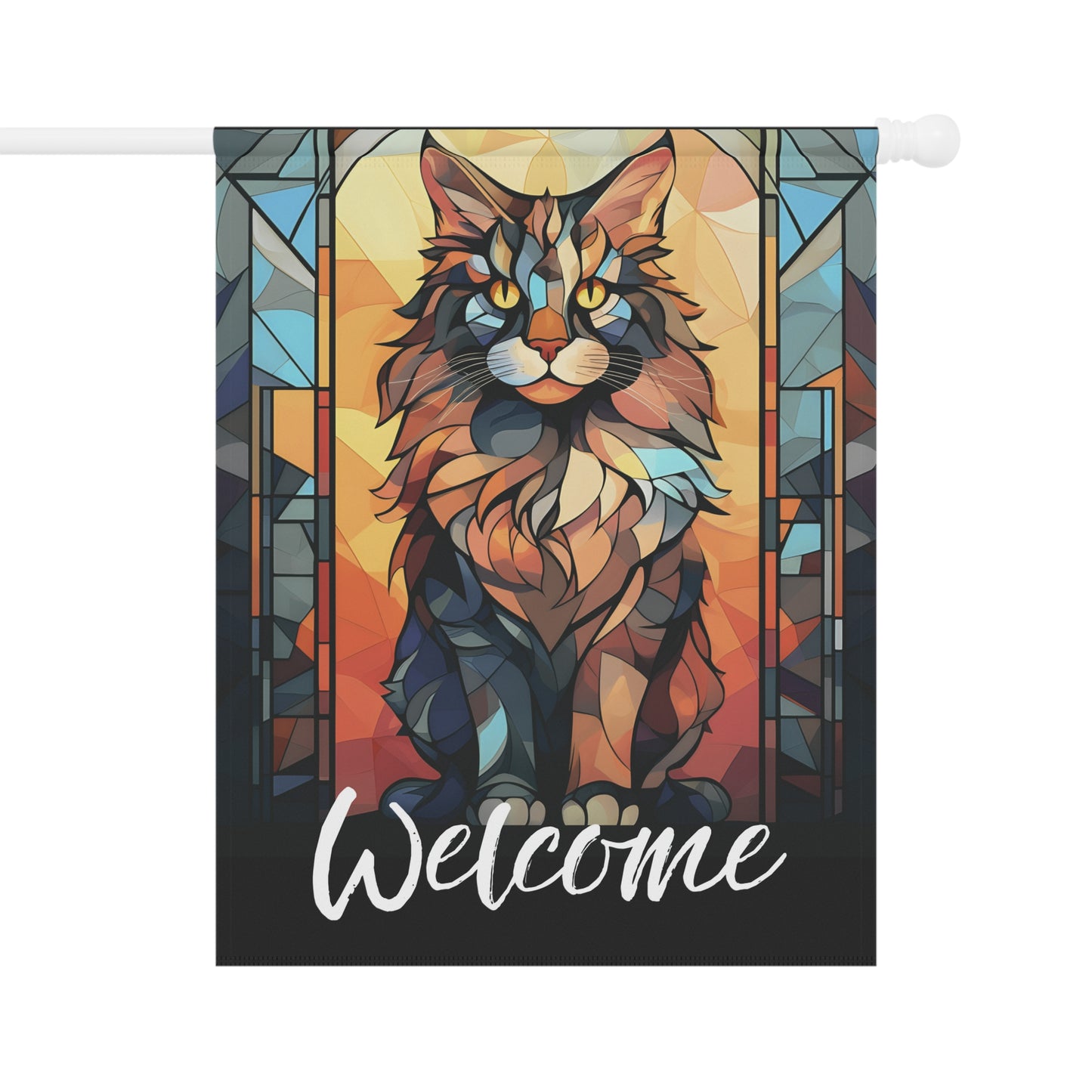 Maine Coon Cat Welcome Stained Glass Look 2-Sided Garden & House Flag/Banner