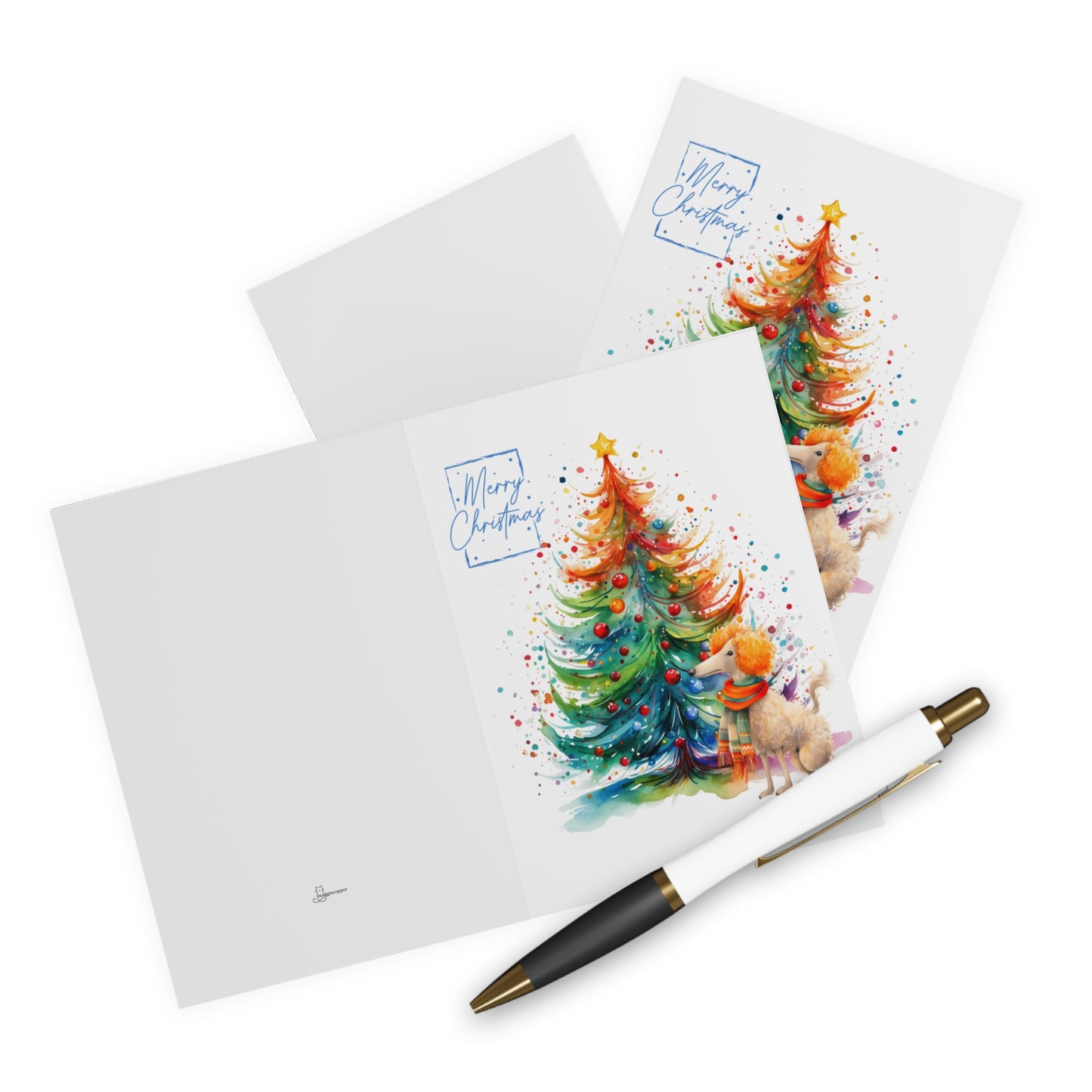 Poodle Merry Christmas Tree Cards (5 Pack Blank Inside)