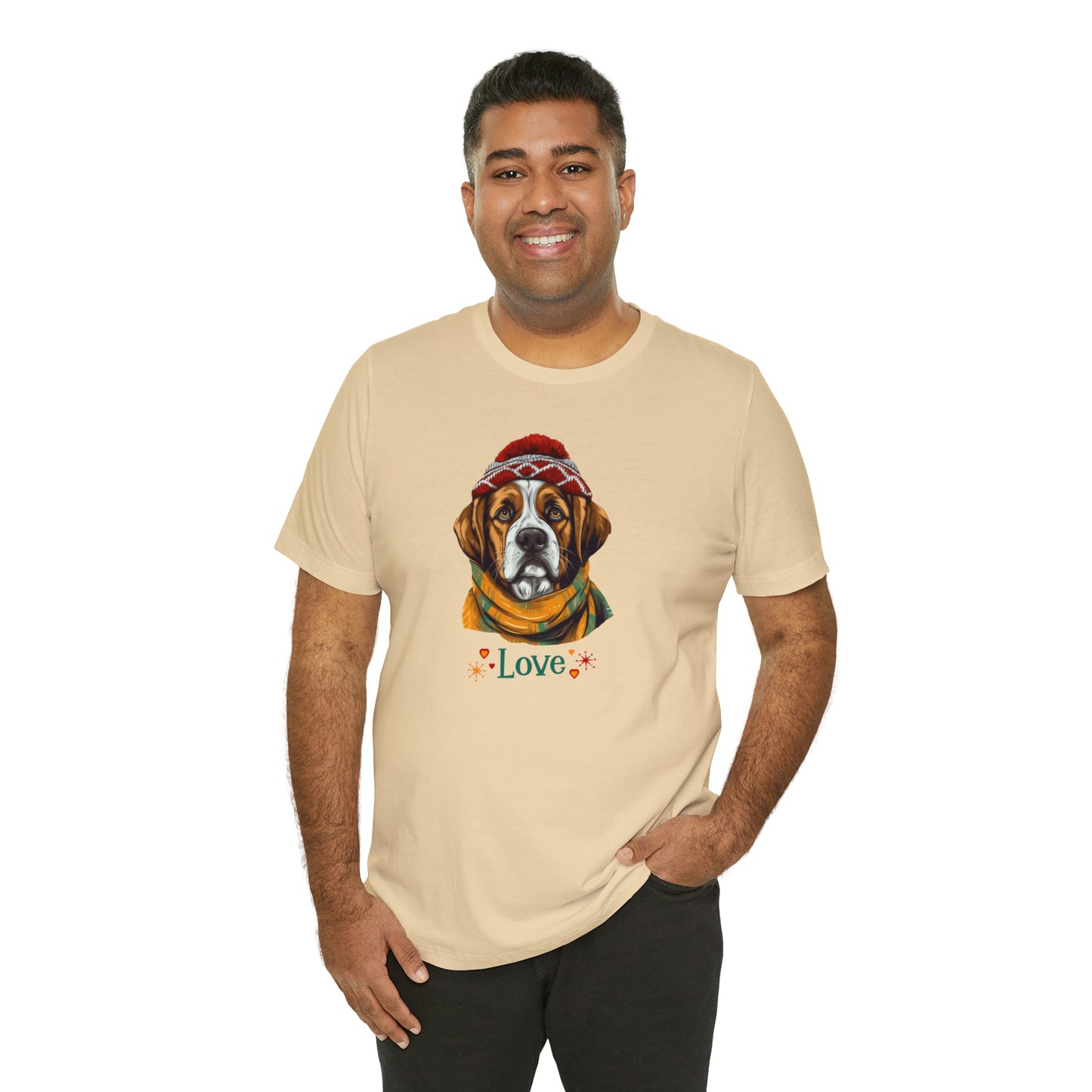 Saint Bernard in Hat & Scarf Love Unisex Jersey Short Sleeve Tee