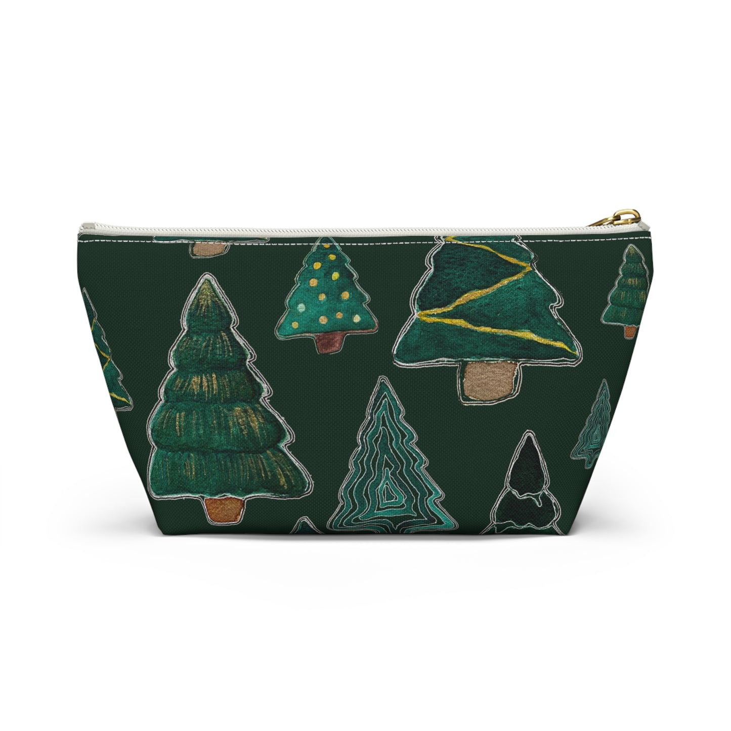 Christmas Tree Cutouts on Green Accessory Pouch w T-bottom