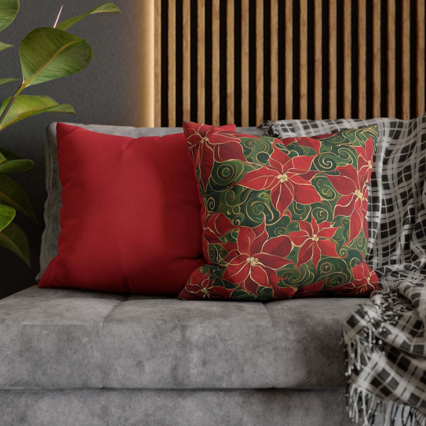 Poinsettias Swirl Holiday Square Poly Canvas Pillowcase