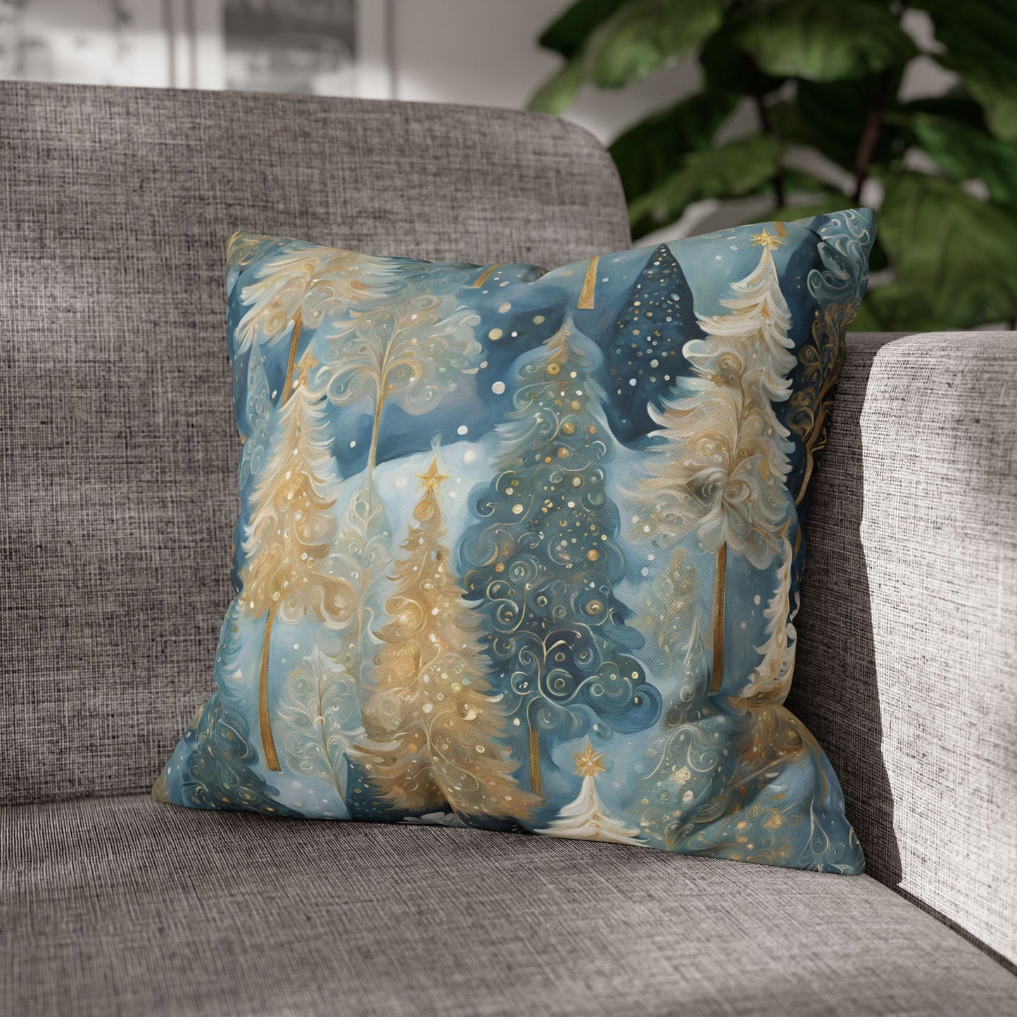 Blue & Cream Trees Square Poly Canvas Pillowcase