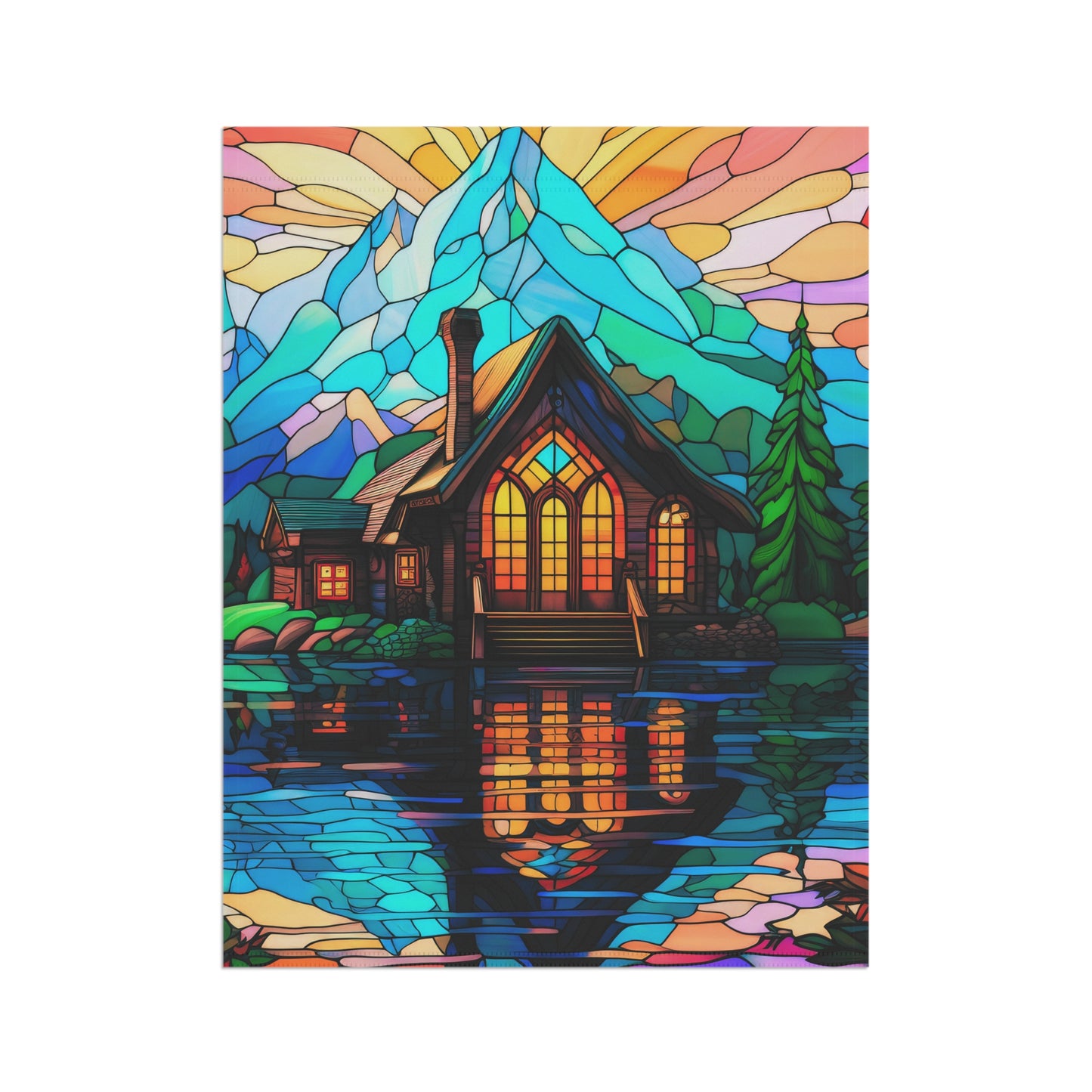 Mountain Cabin Paradise Stained Glass Look 2-Sided Garden & House Flag/Banner